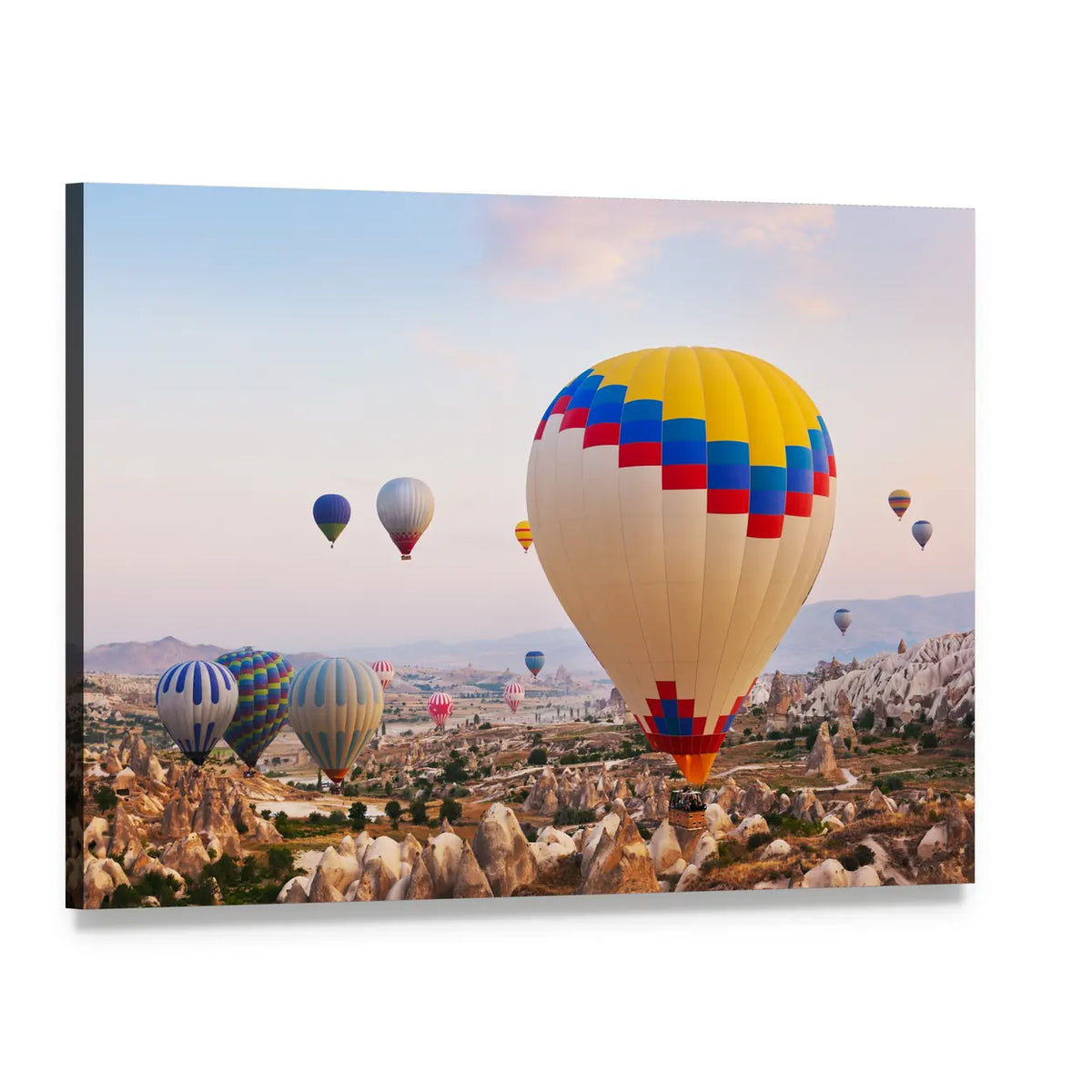 Hot Air Balloons Over Cappadocia Canvas Wall Art, single panel gallery wrapped canvas, angled product view
