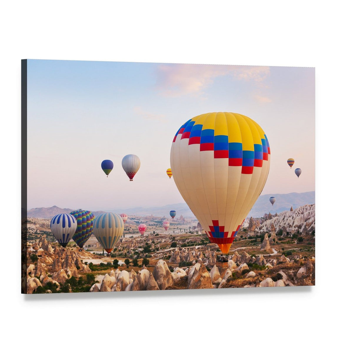 Hot Air Balloons Over Cappadocia Canvas Wall Art, single panel gallery wrapped canvas, angled product view