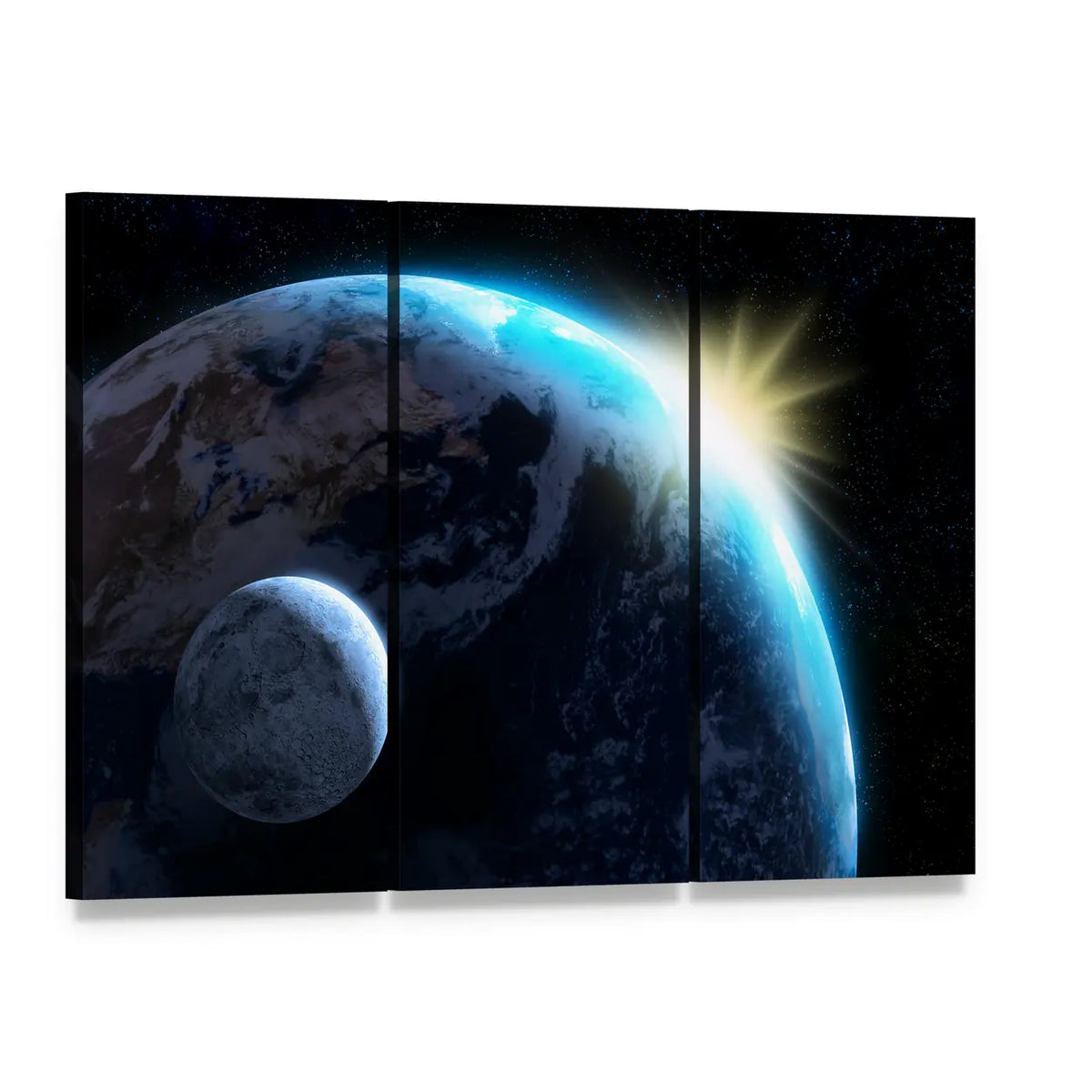 Sunrise Over Earth and Moon Canvas Wall Art, 3 panel 3 Horizontal layout gallery wrapped canvas set, angled product view