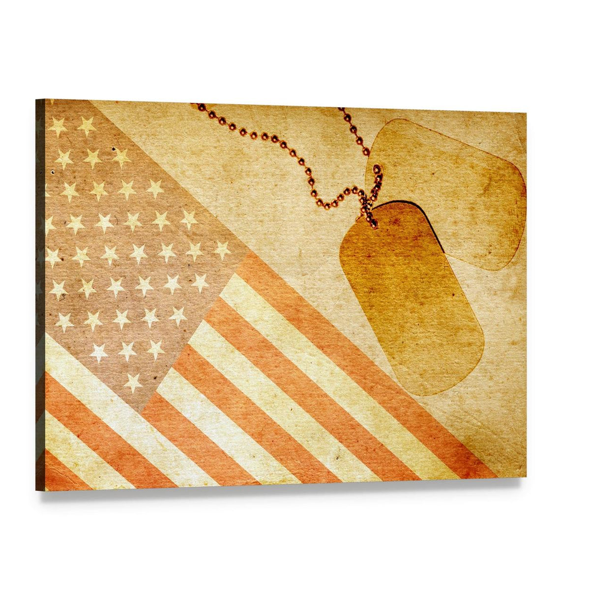 Vintage American Flag with Dog Tags Canvas Wall Art, single panel gallery wrapped canvas, angled product view