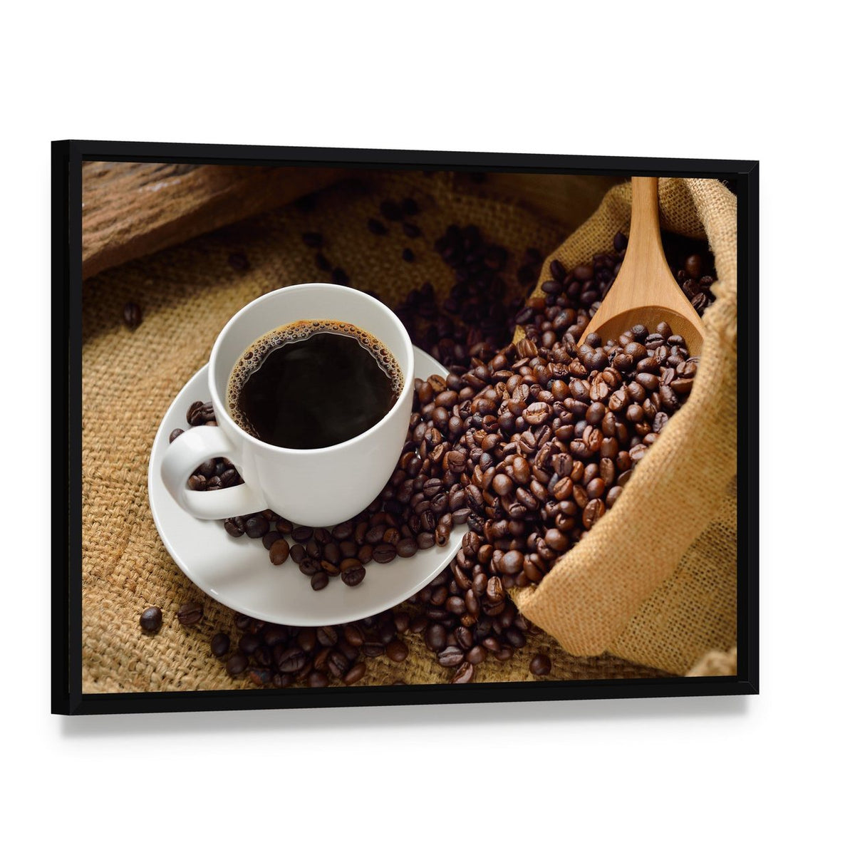 Coffee Cup and Coffee Beans Canvas Wall Art, framed canvas in a black floater frame, angled product view