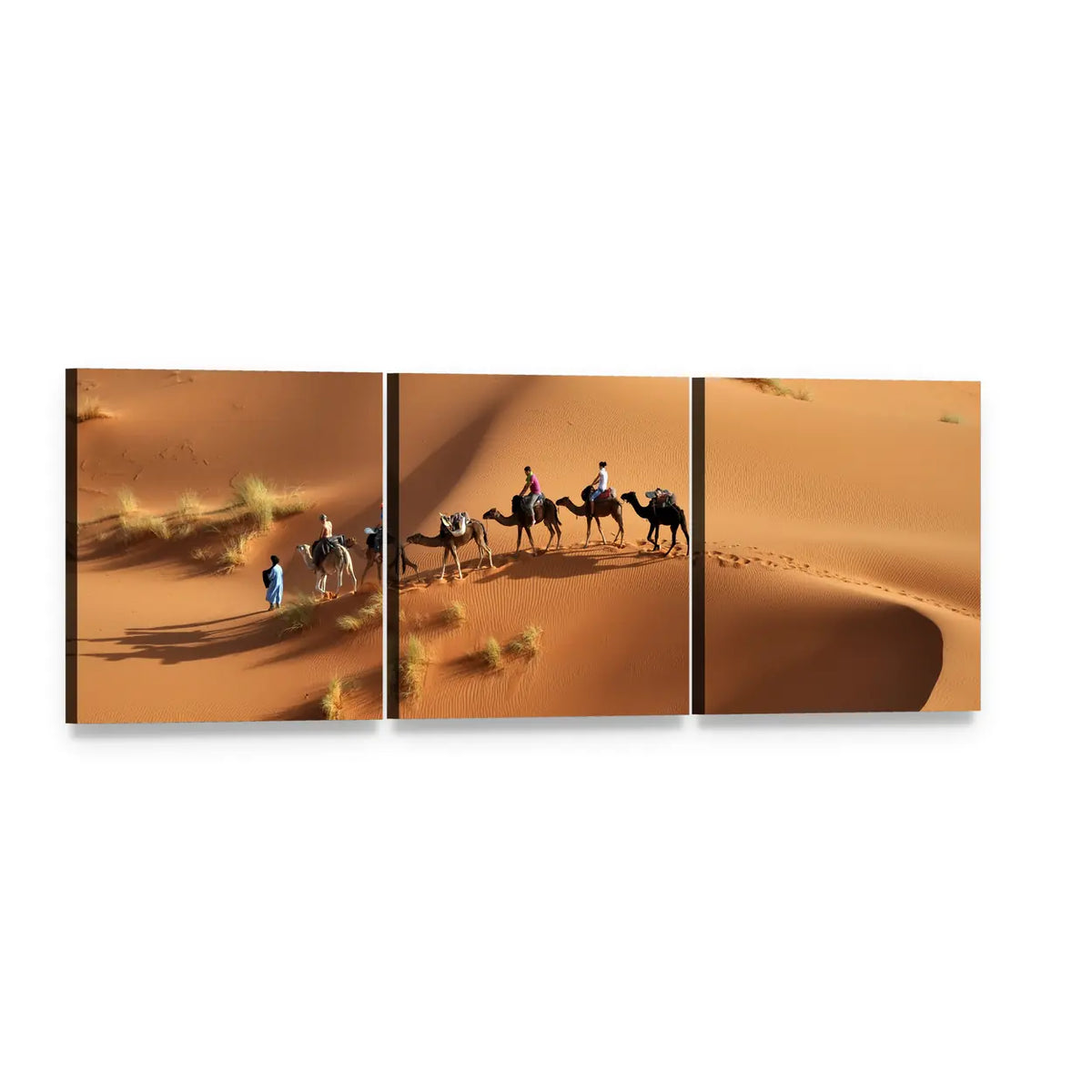 Sahara Camel Caravan, Morocco Panoramic Canvas Wall Art, 3 panel 3 Piece layout gallery wrapped canvas set, angled product view