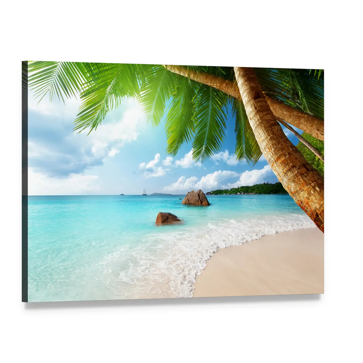 Anse Lazio Seychelles Beach Canvas Wall Art, single panel gallery wrapped canvas, angled product view