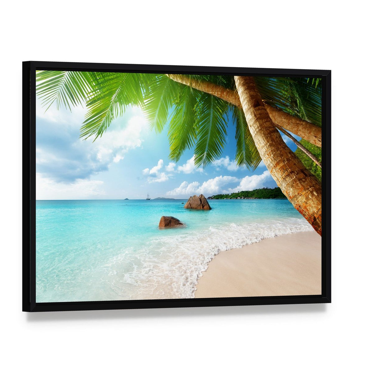 Anse Lazio Beach Seychelles Canvas Wall Art, framed canvas in a black floater frame, angled product view