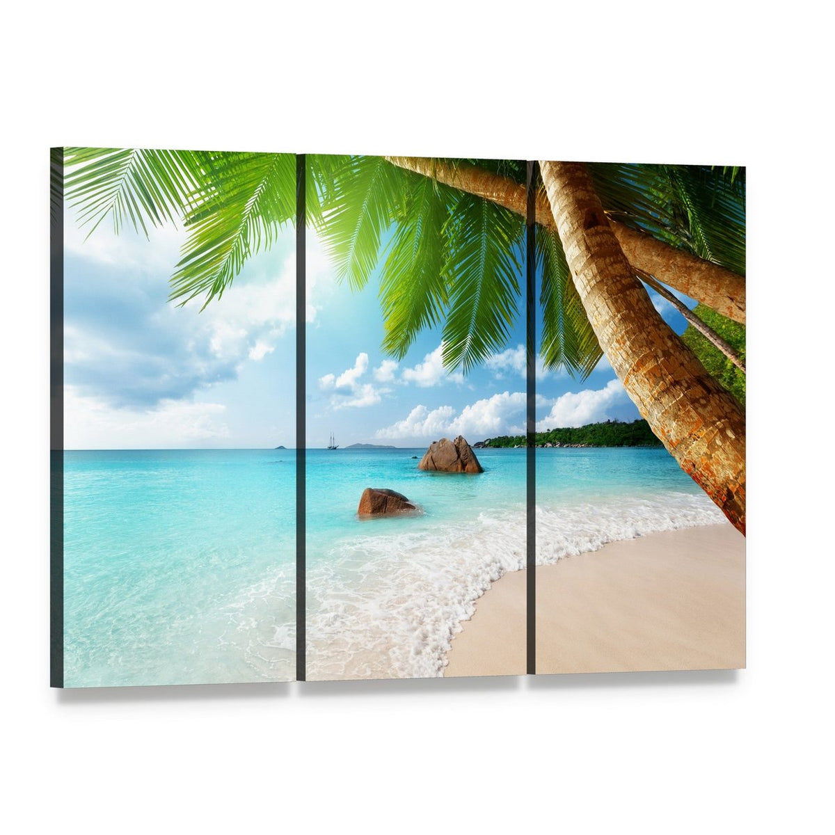 Anse Lazio Beach Seychelles Canvas Wall Art, 3 panel 3 Horizontal layout gallery wrapped canvas set, angled product view