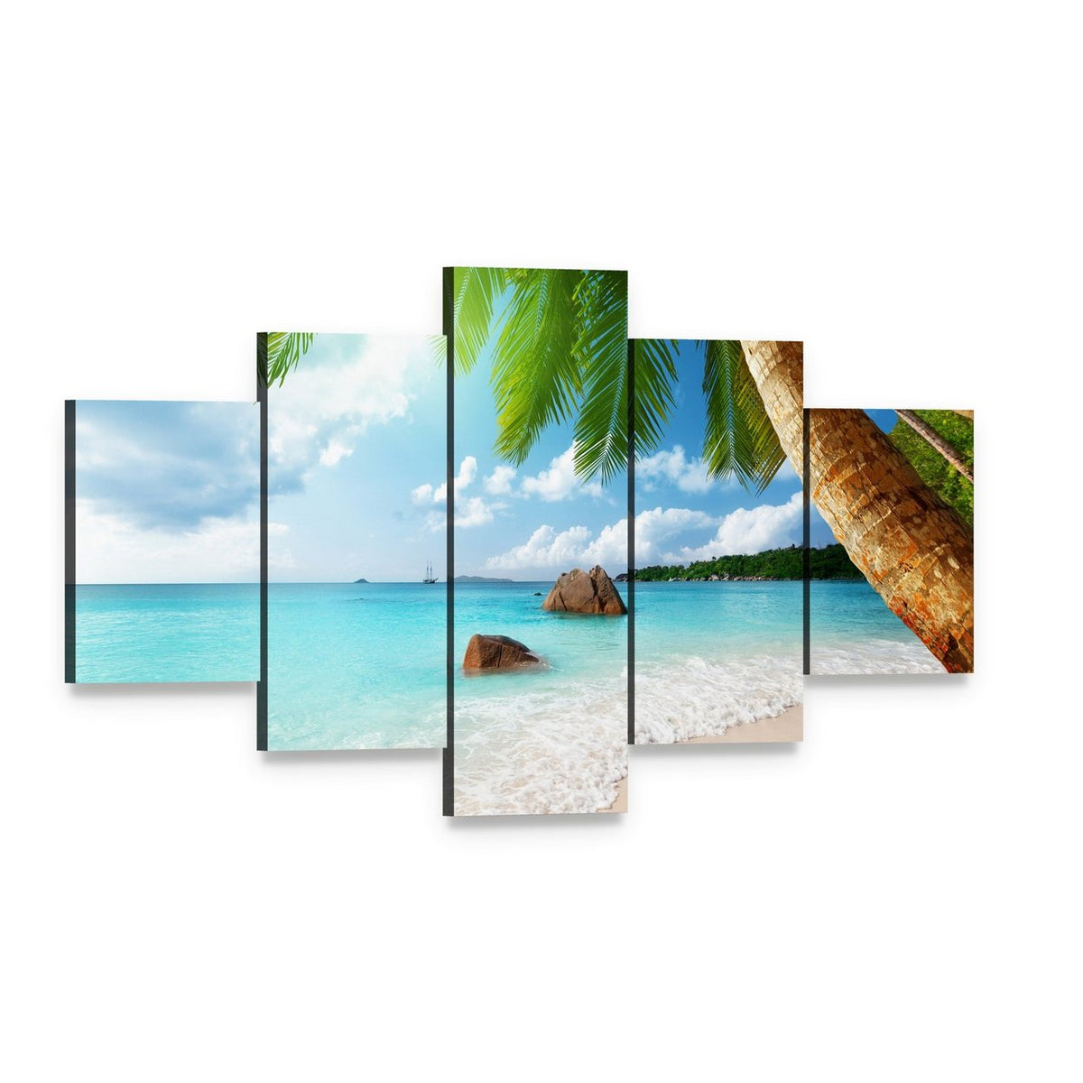Anse Lazio Beach Seychelles Canvas Wall Art, 5 panel 5 Star layout gallery wrapped canvas set, angled product view