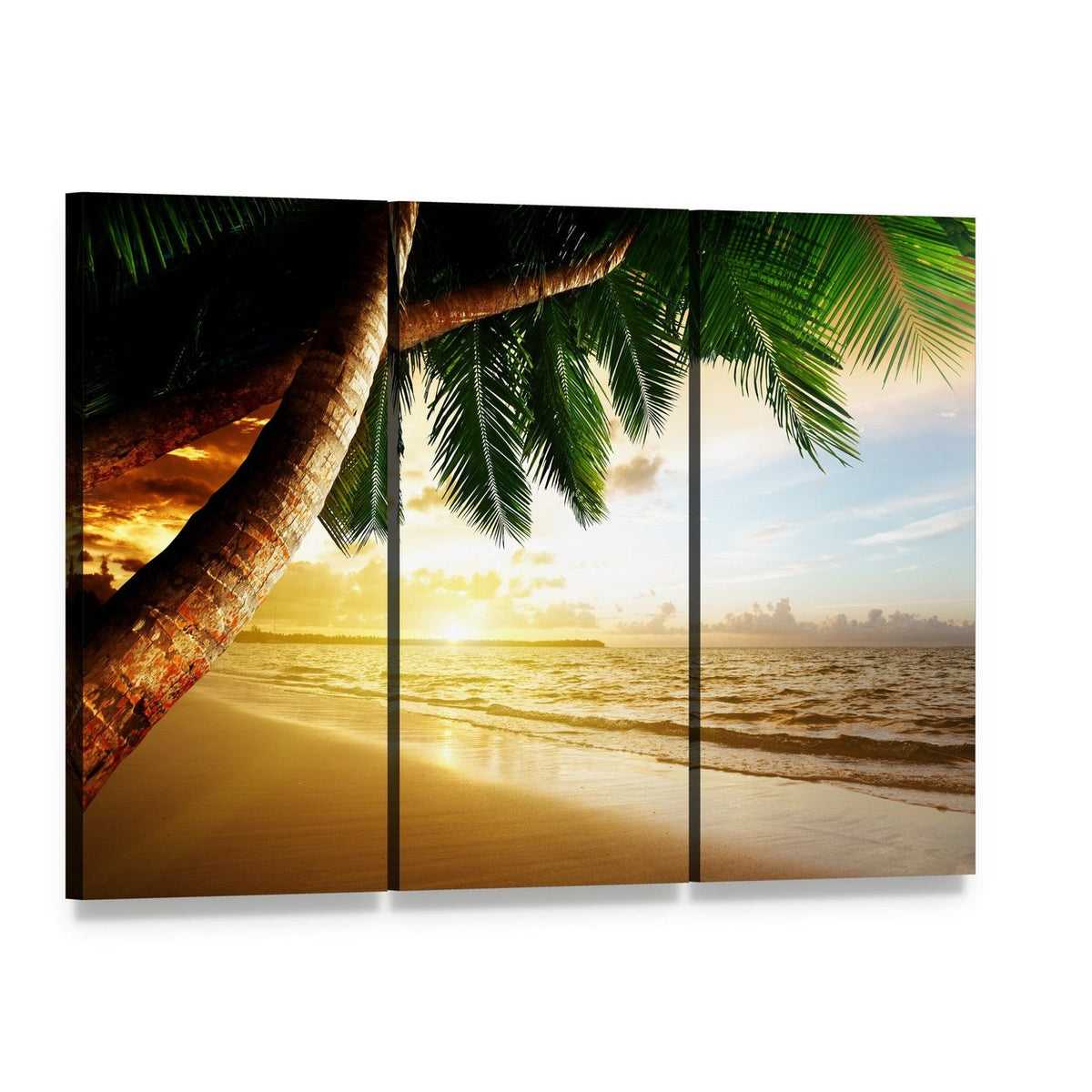 Sunrise on Caribbean Beach Canvas Wall Art, 3 panel 3 Horizontal layout gallery wrapped canvas set, angled product view