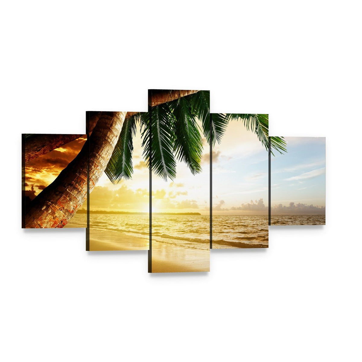 Sunrise on Caribbean Beach Canvas Wall Art, 5 panel 5 Star layout gallery wrapped canvas set, angled product view