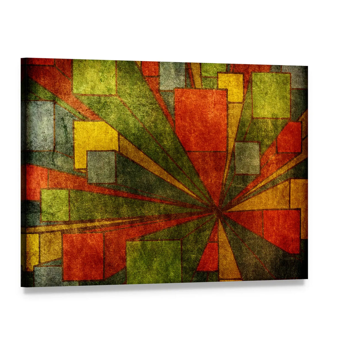 Grunge Geometric Radial Abstract Canvas Wall Art, single panel gallery wrapped canvas, angled product view