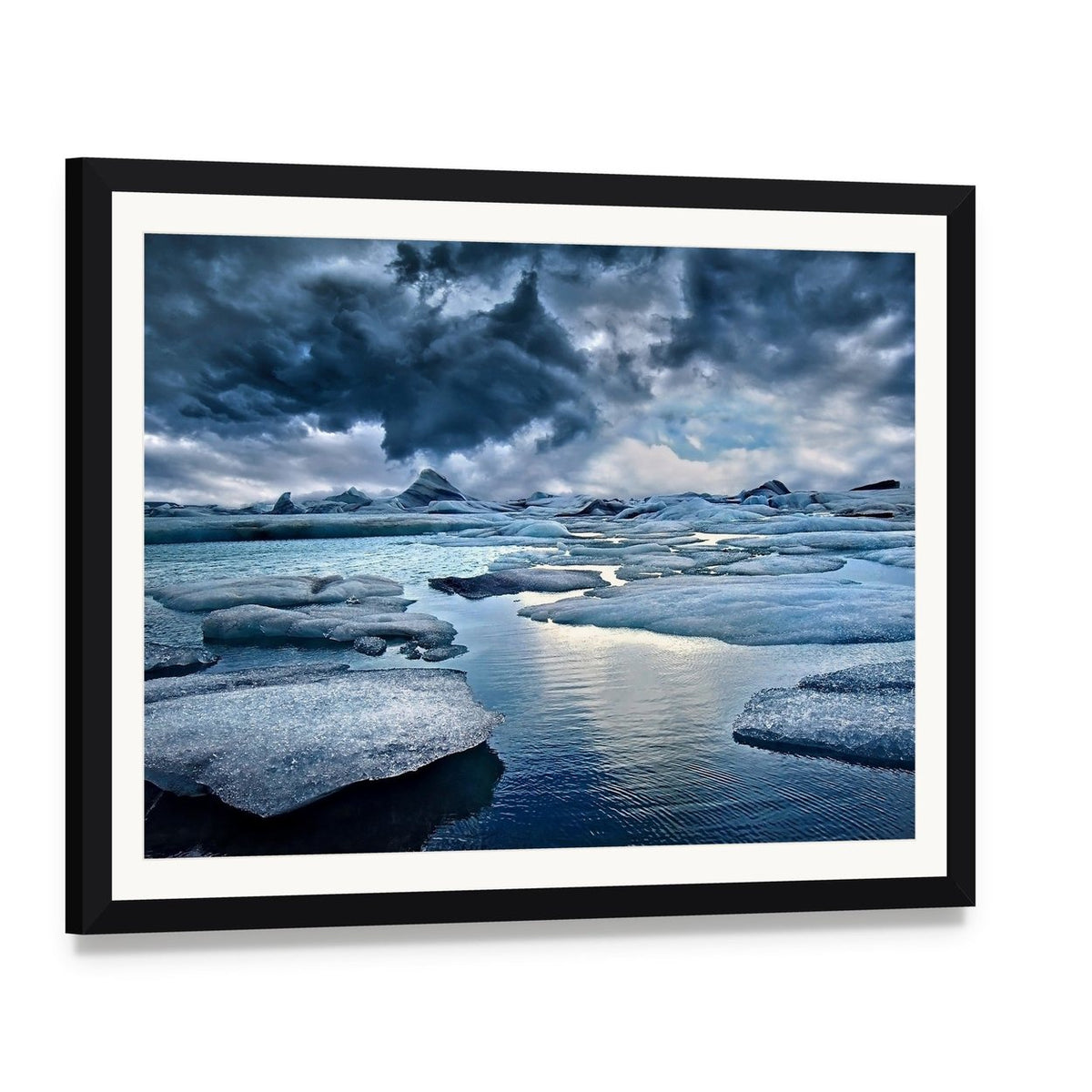 Icebergs in Jokulsarlon Glacial Lagoon Canvas Wall Art, framed print with white mat and black frame, angled product view