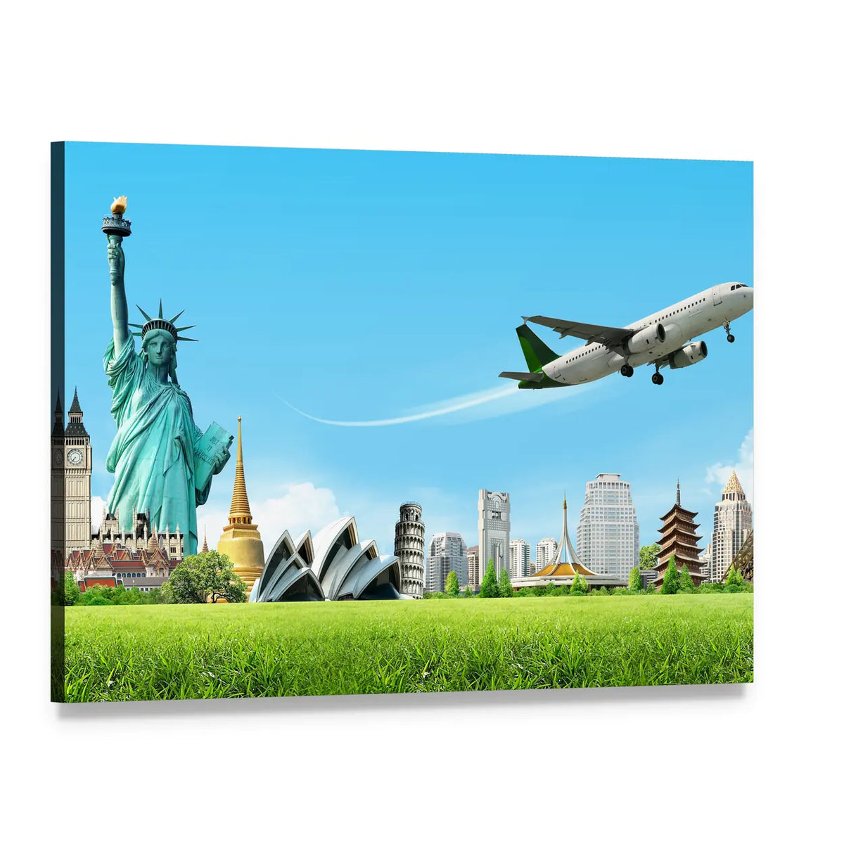 Travel the World Landmarks Collage Canvas Wall Art, single panel gallery wrapped canvas, angled product view