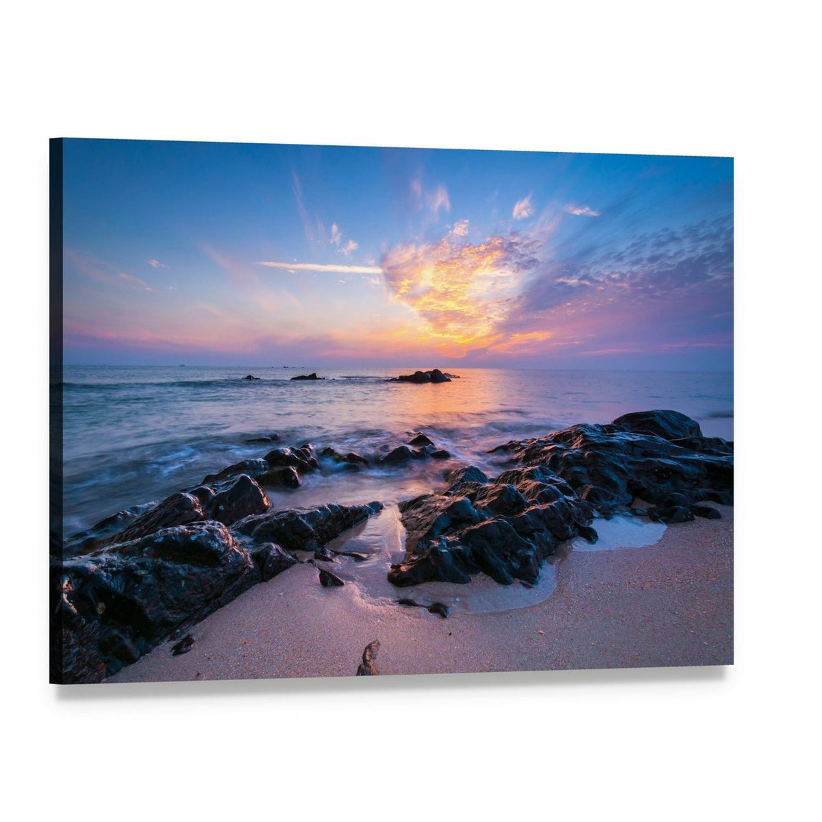 Sunset Seascape with Rocky Shore Canvas Wall Art, single panel gallery wrapped canvas, angled product view