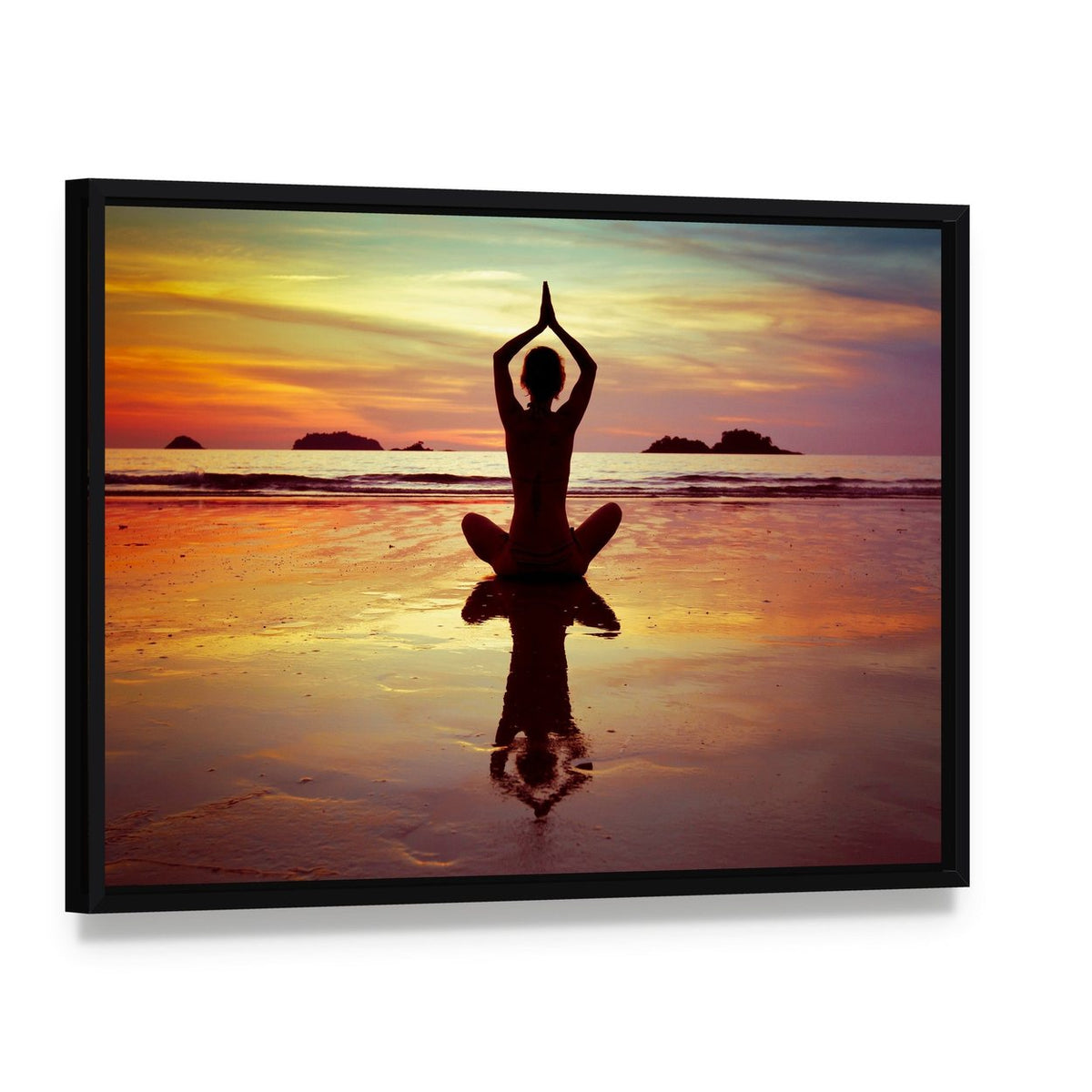 Yoga on the Beach Canvas Wall Art, framed canvas in a black floater frame, angled product view