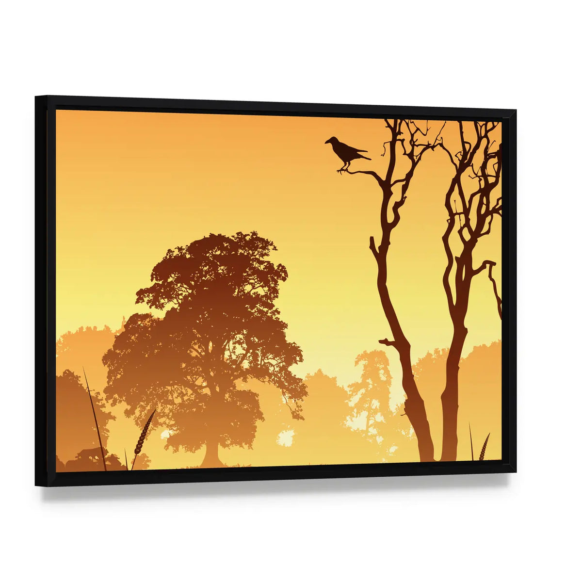 Country Meadow with Trees and Perched Bird Canvas Wall Art, framed canvas in a black floater frame, angled product view