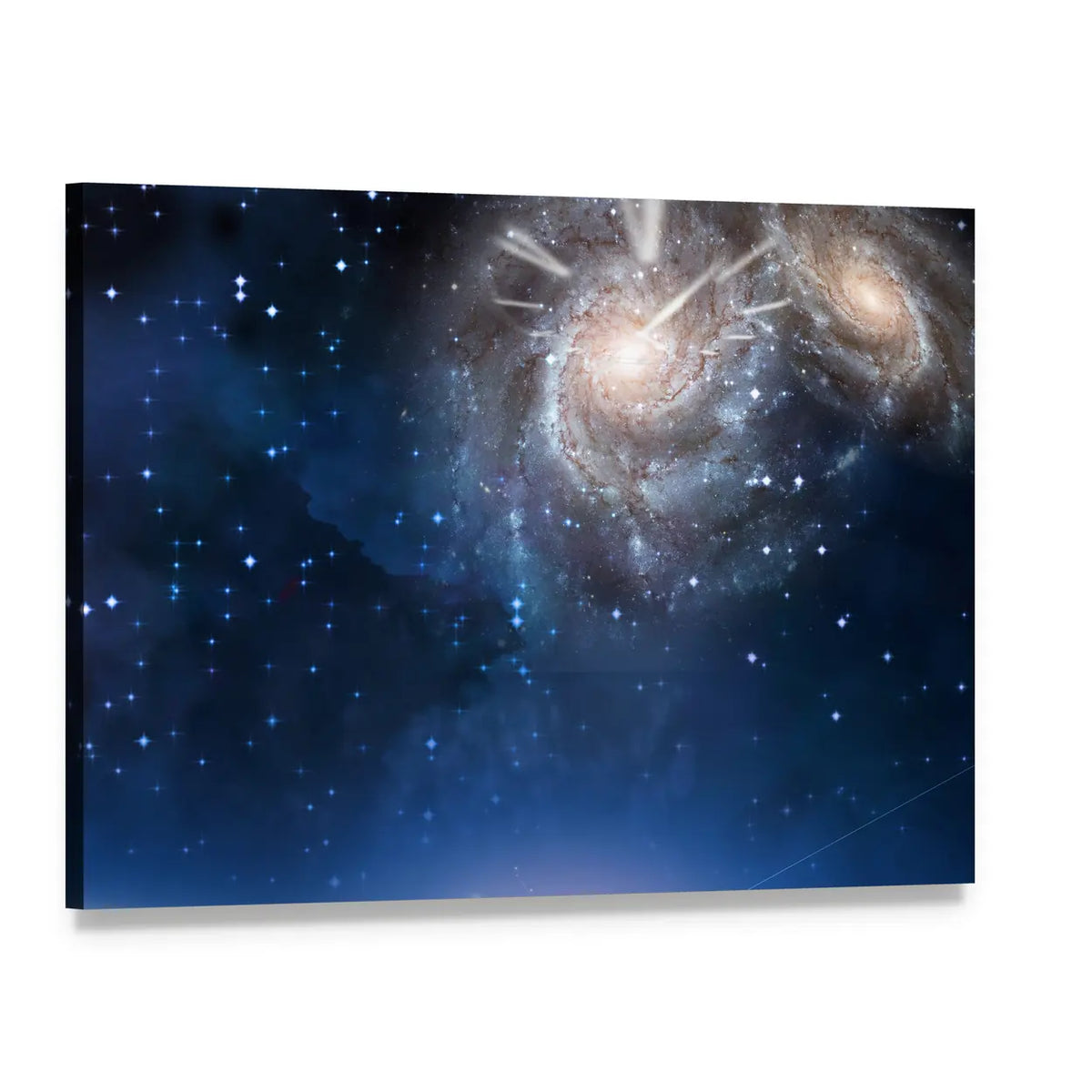 Clock with Merging Spiral Galaxies Canvas Wall Art, single panel gallery wrapped canvas, angled product view