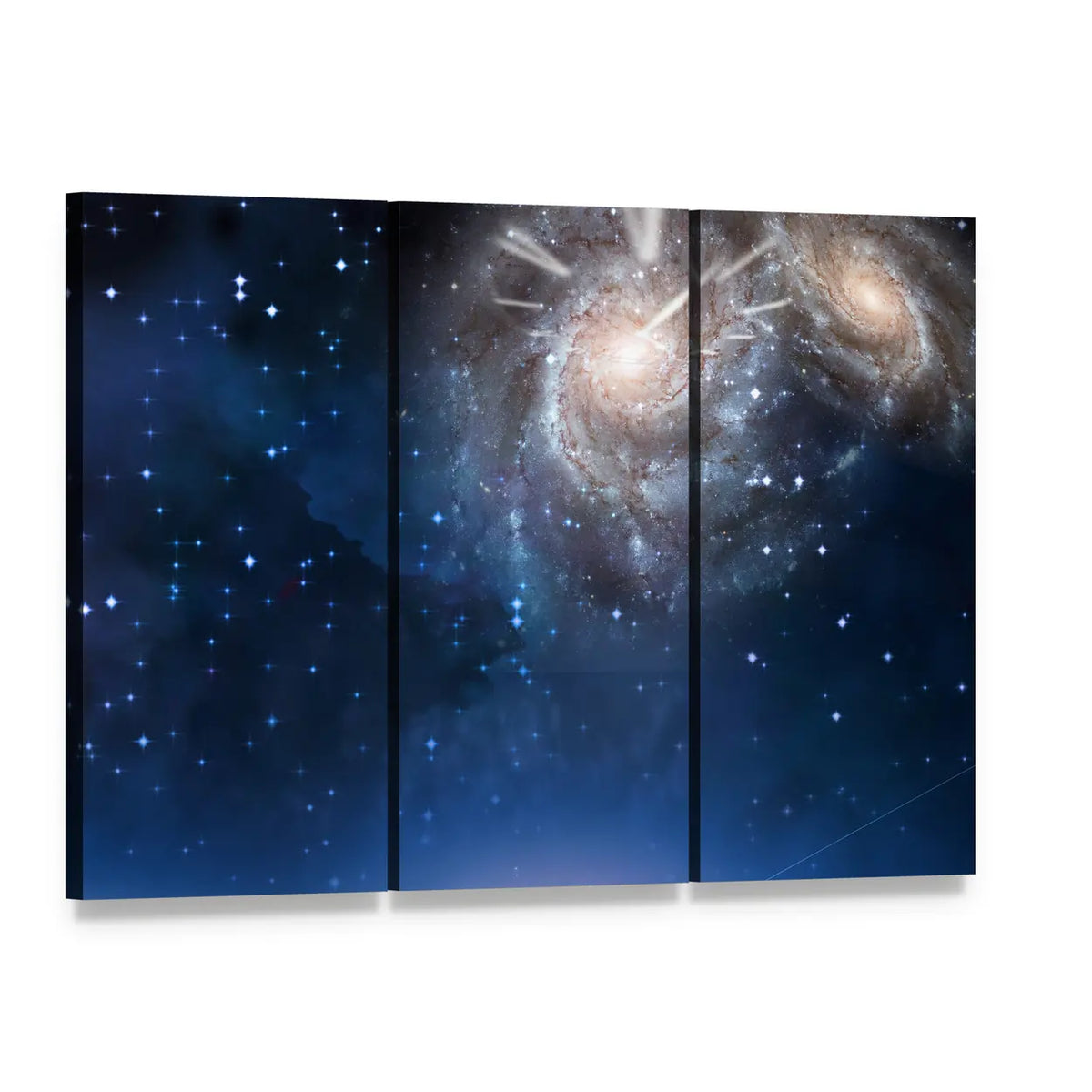 Clock with Merging Spiral Galaxies Canvas Wall Art, 3 panel 3 Horizontal layout gallery wrapped canvas set, angled product view