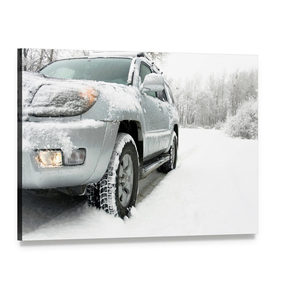 Snowy Winter Car and Road Canvas Wall Art, single panel gallery wrapped canvas, angled product view
