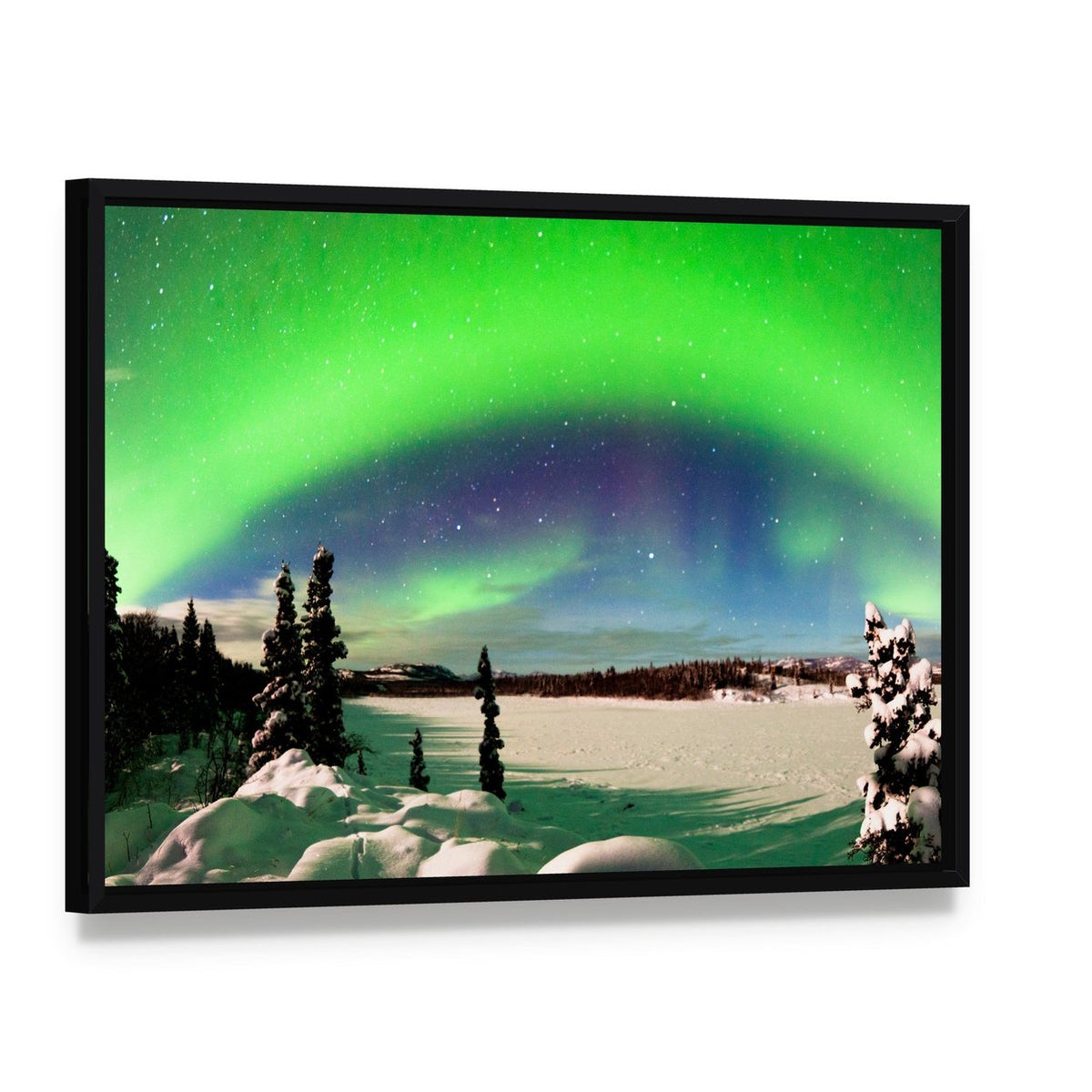 Northern Lights Over Snowy Landscape Canvas Wall Art, framed canvas in a black floater frame, angled product view