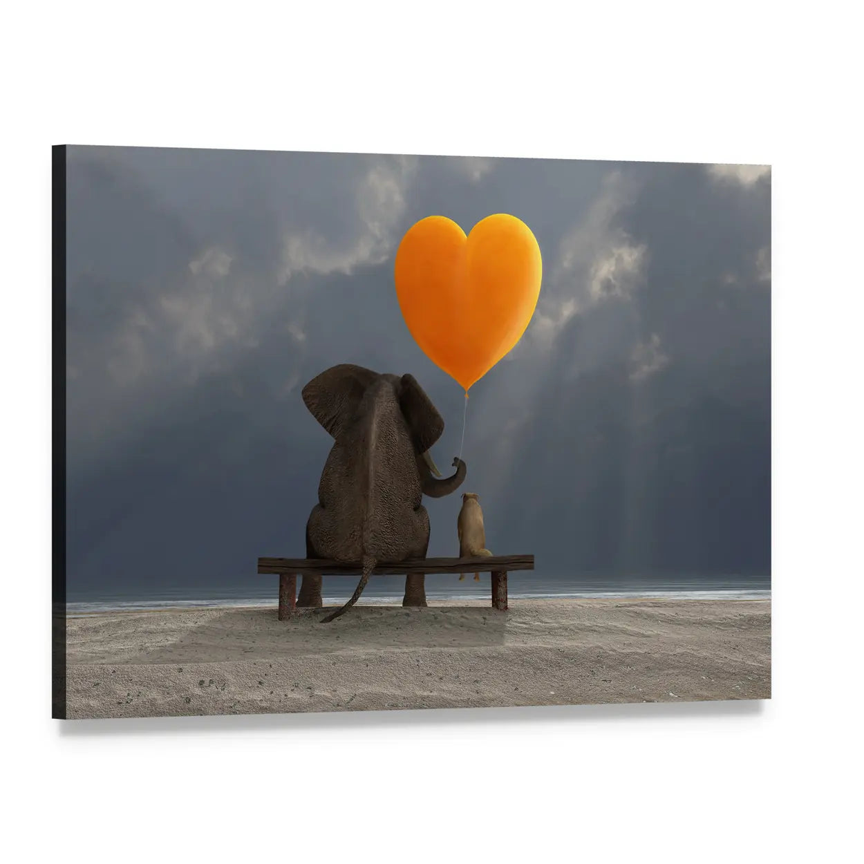 Elephant and Dog on Bench with Heart Balloon Canvas Wall Art, single panel gallery wrapped canvas, angled product view