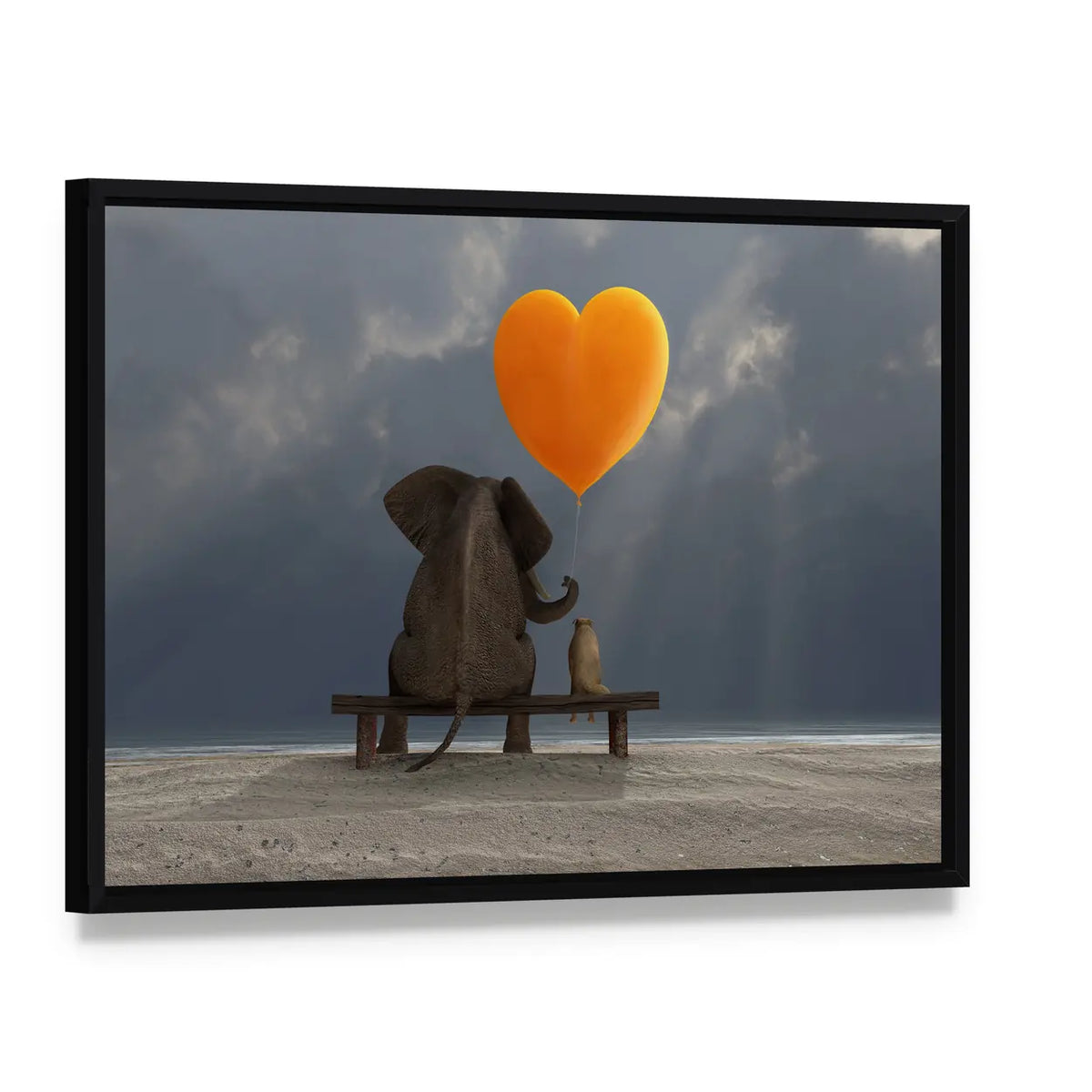 Elephant and Dog on Bench with Heart Balloon Canvas Wall Art, framed canvas in a black floater frame, angled product view