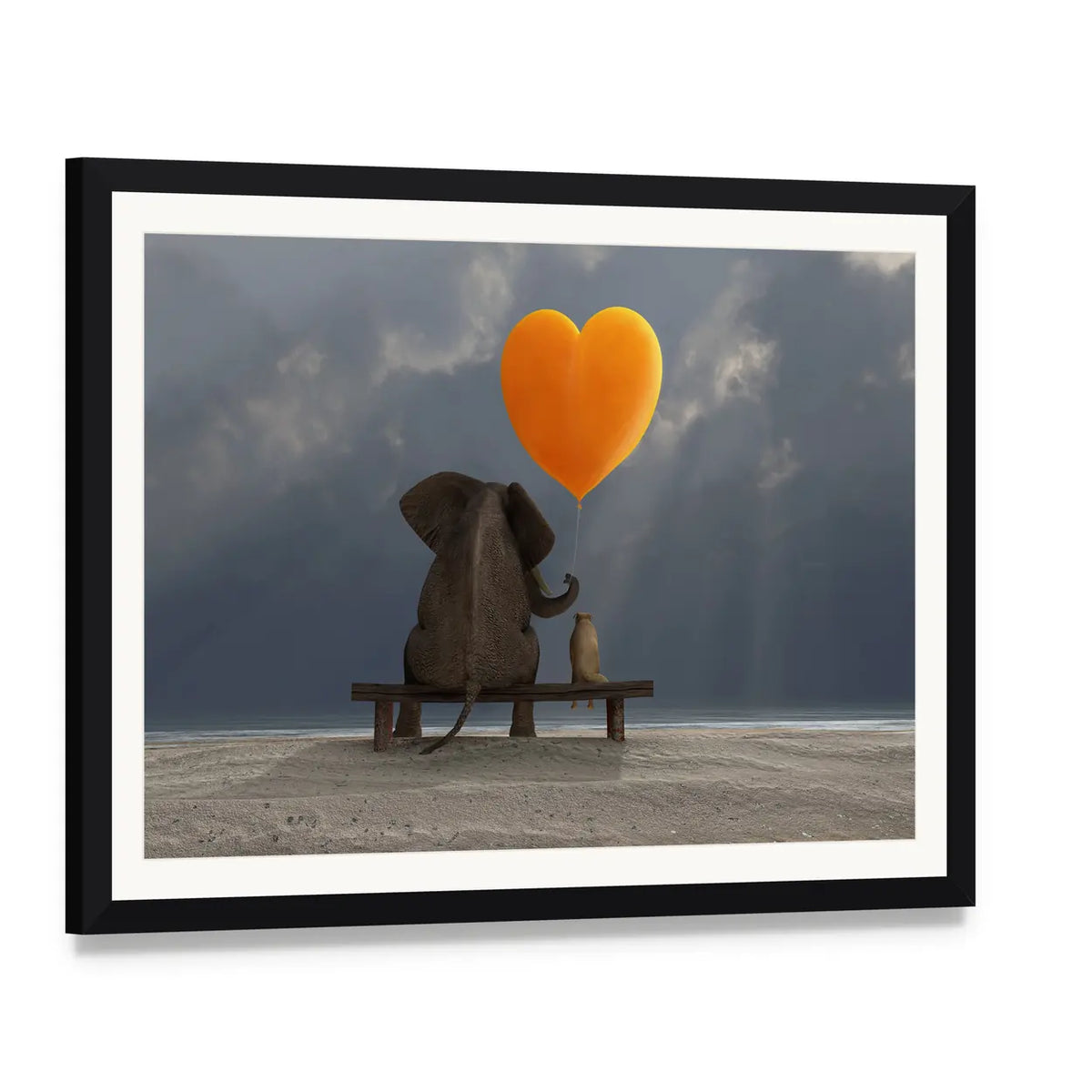 Elephant and Dog on Bench with Heart Balloon Canvas Wall Art, framed print with white mat and black frame, angled product view