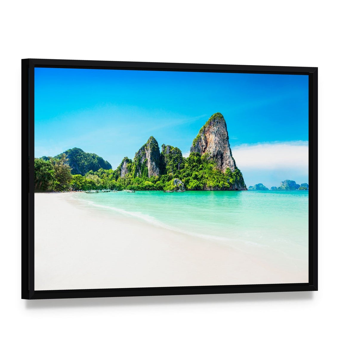 Tropical Beach with Mountain View Canvas Wall Art, framed canvas in a black floater frame, angled product view