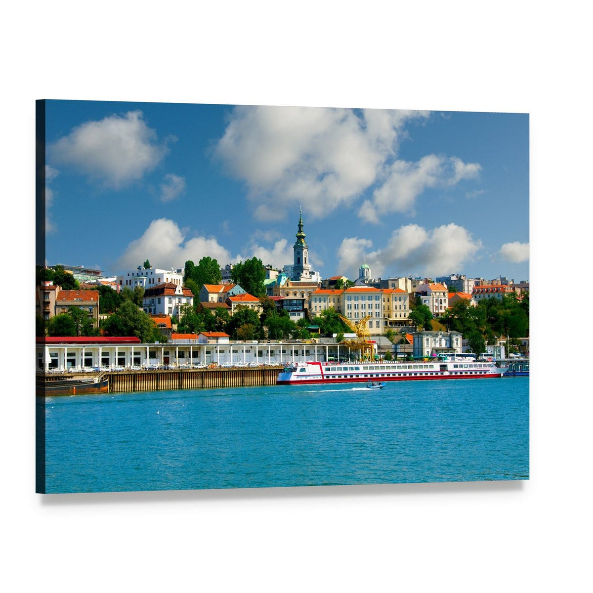 Orthodox Church on the River Sava Canvas Wall Art, single panel gallery wrapped canvas, angled product view