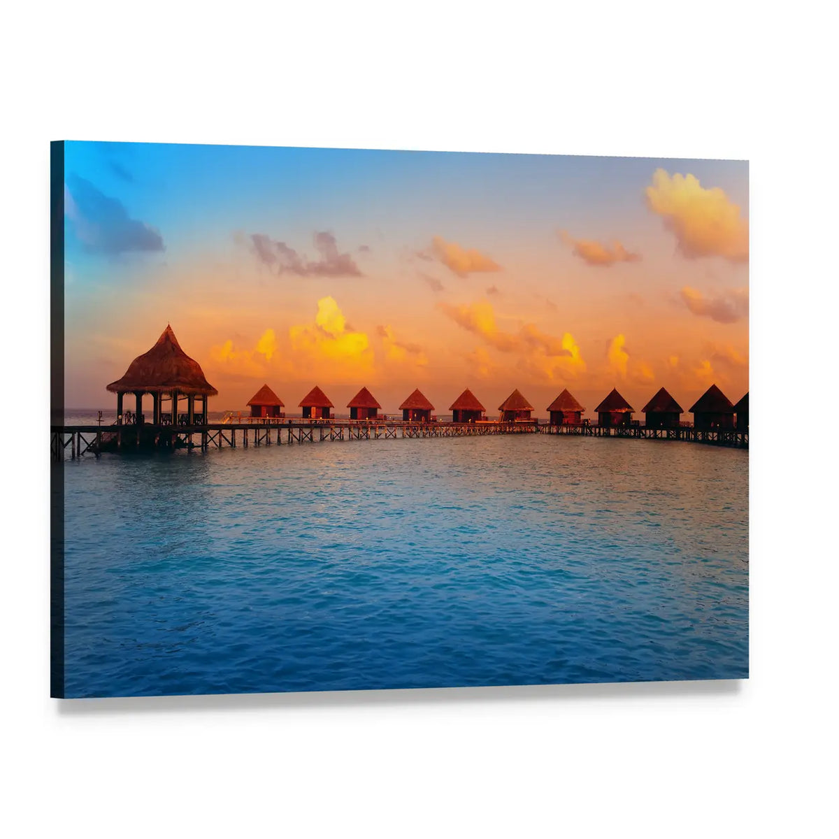 Overwater Bungalows at Sunset Canvas Wall Art, single panel gallery wrapped canvas, angled product view