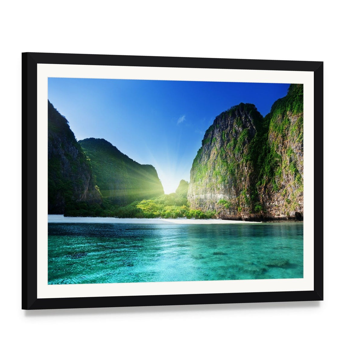 Sunrise Over Maya Bay Canvas Wall Art, framed print with white mat and black frame, angled product view