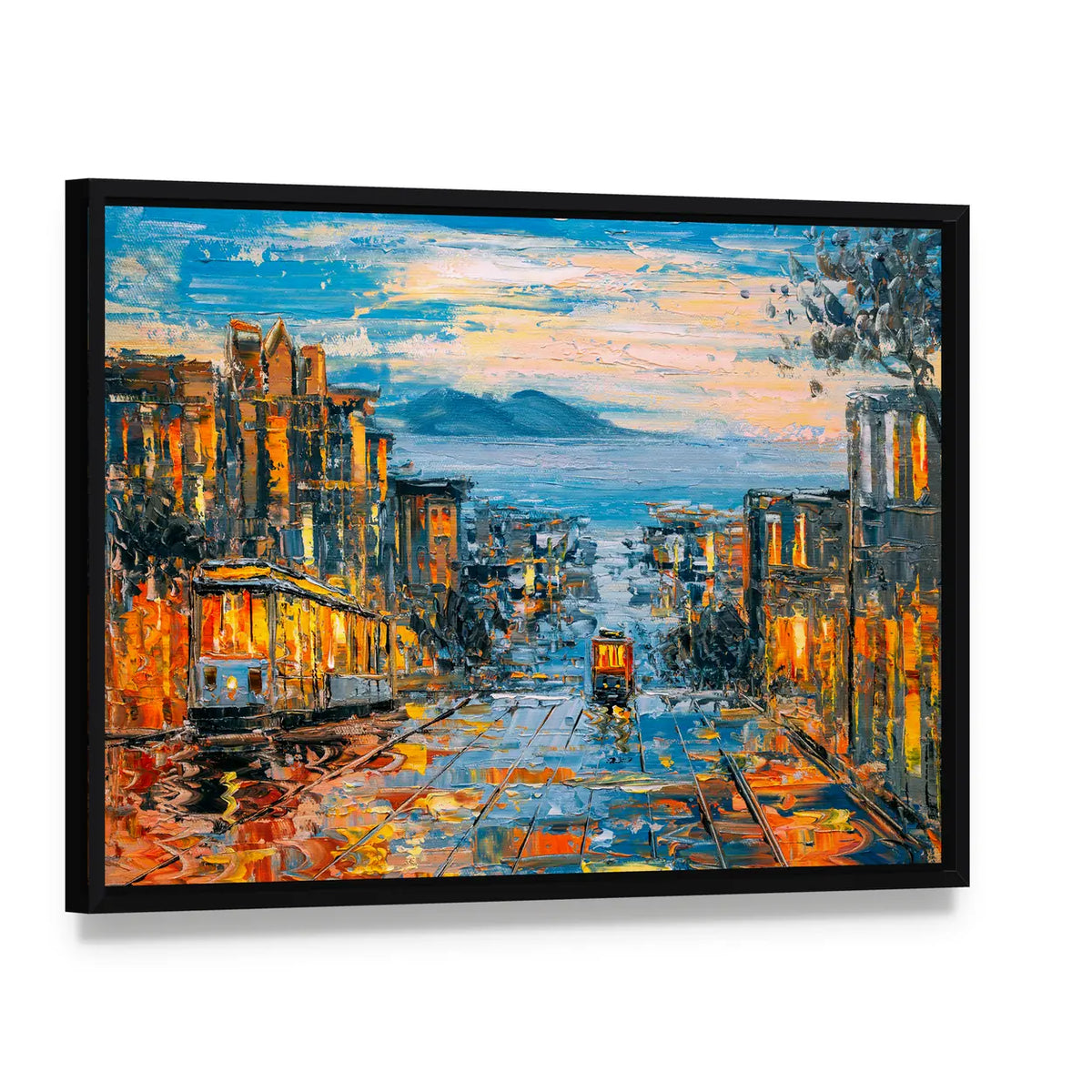San Francisco Cable Cars on Rain-soaked Street Canvas Wall Art, framed canvas in a black floater frame, angled product view