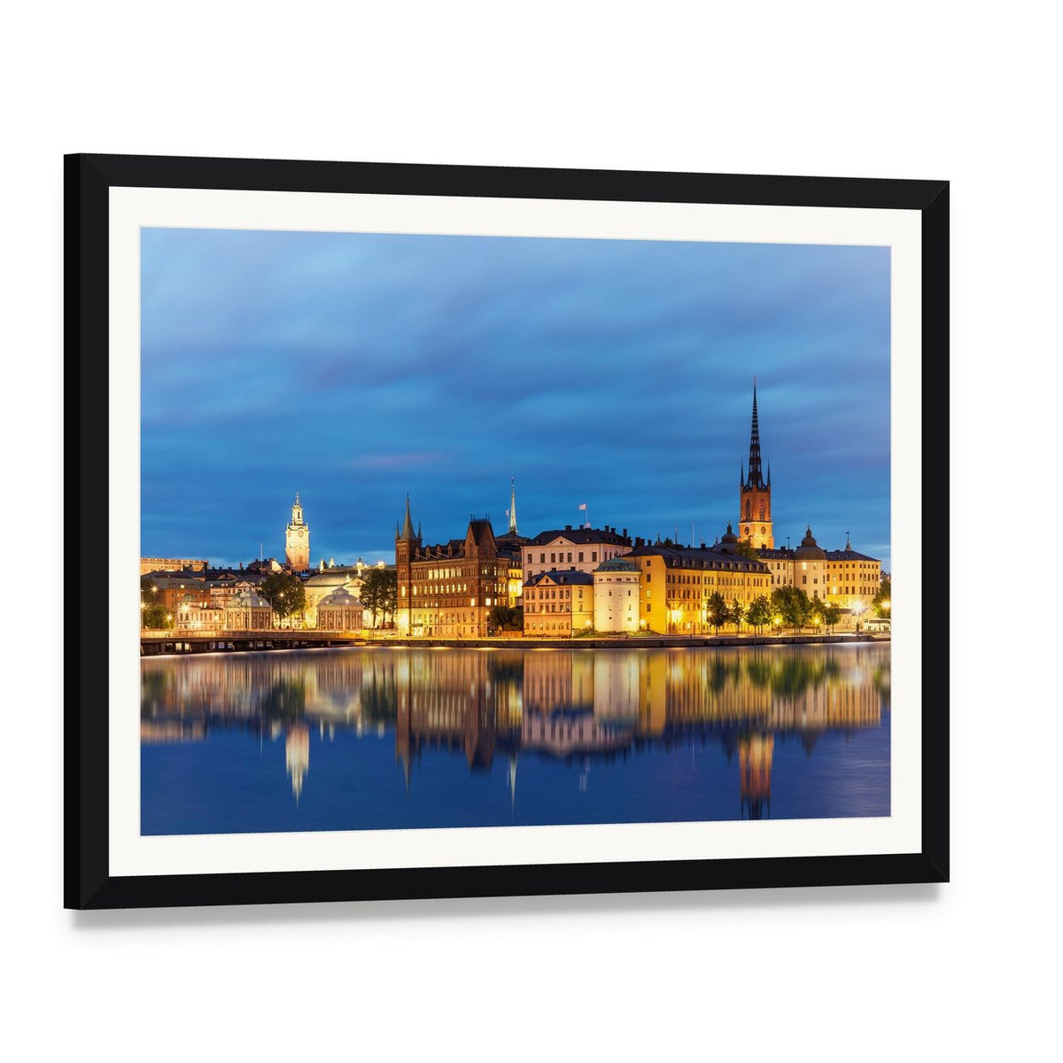 Old Town Gamla Stan at Twilight Canvas Wall Art, framed print with white mat and black frame, angled product view