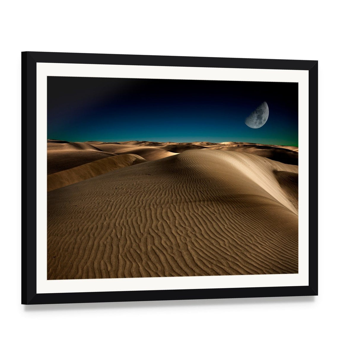 Night in Serene Desert Dunes Canvas Wall Art, framed print with white mat and black frame, angled product view