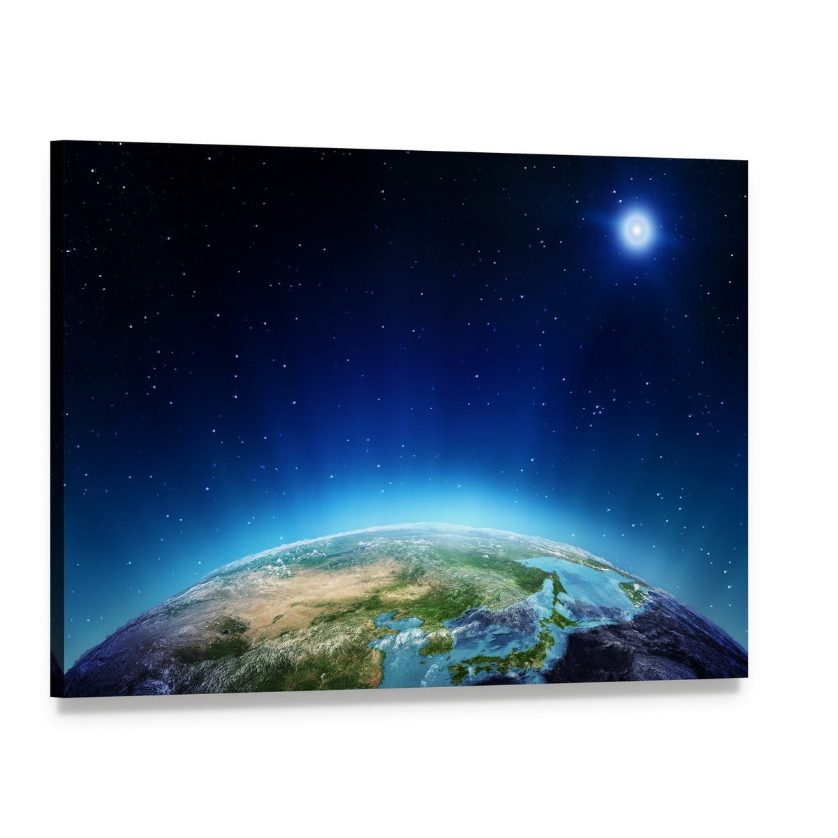 Blue Planet Earth from Space Canvas Wall Art, single panel gallery wrapped canvas, angled product view