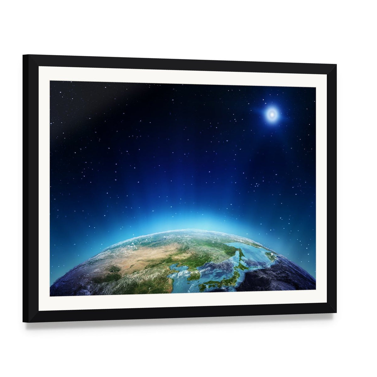 Blue Planet Earth from Space Canvas Wall Art, framed print with white mat and black frame, angled product view