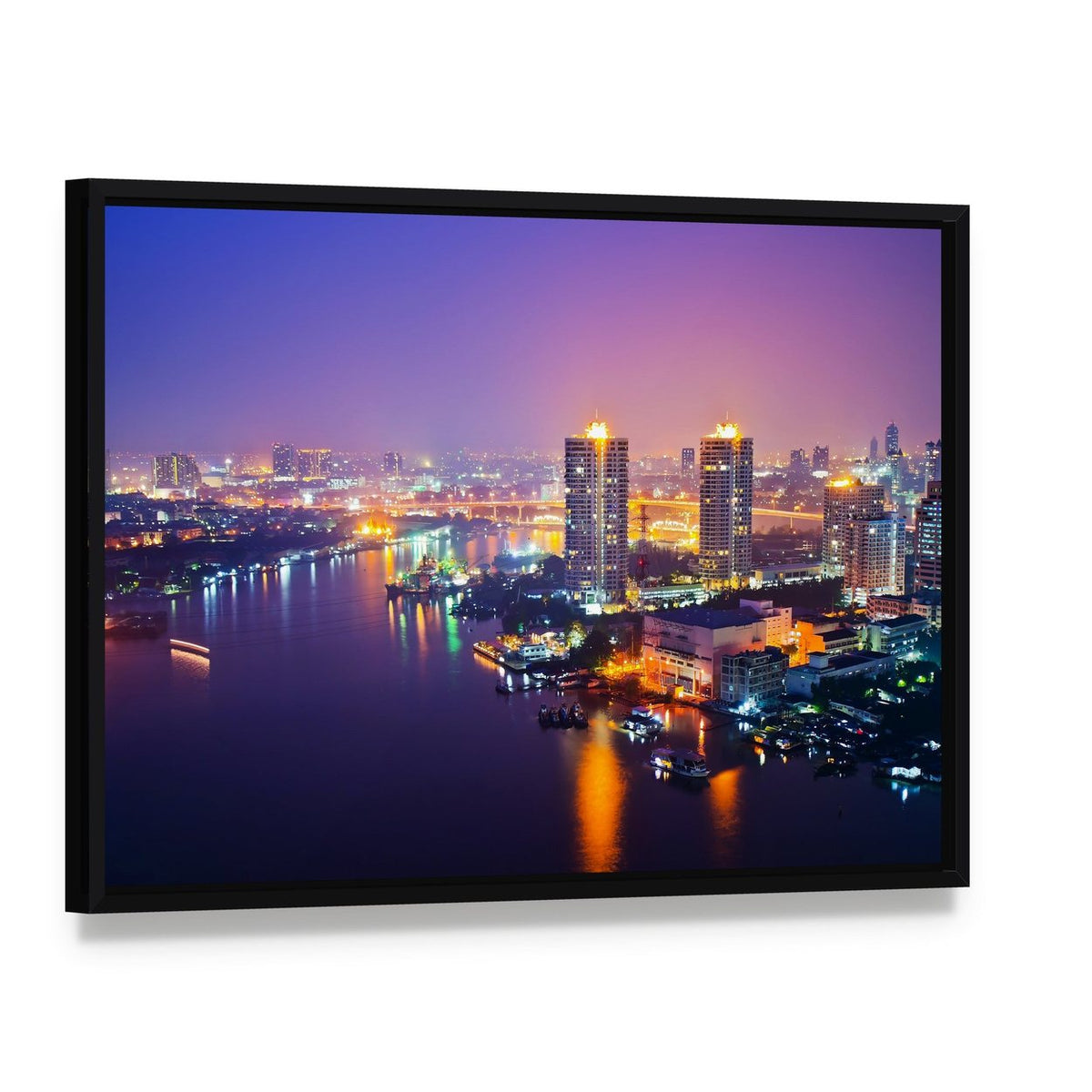 Bangkok Cityscape at Night Canvas Wall Art, framed canvas in a black floater frame, angled product view