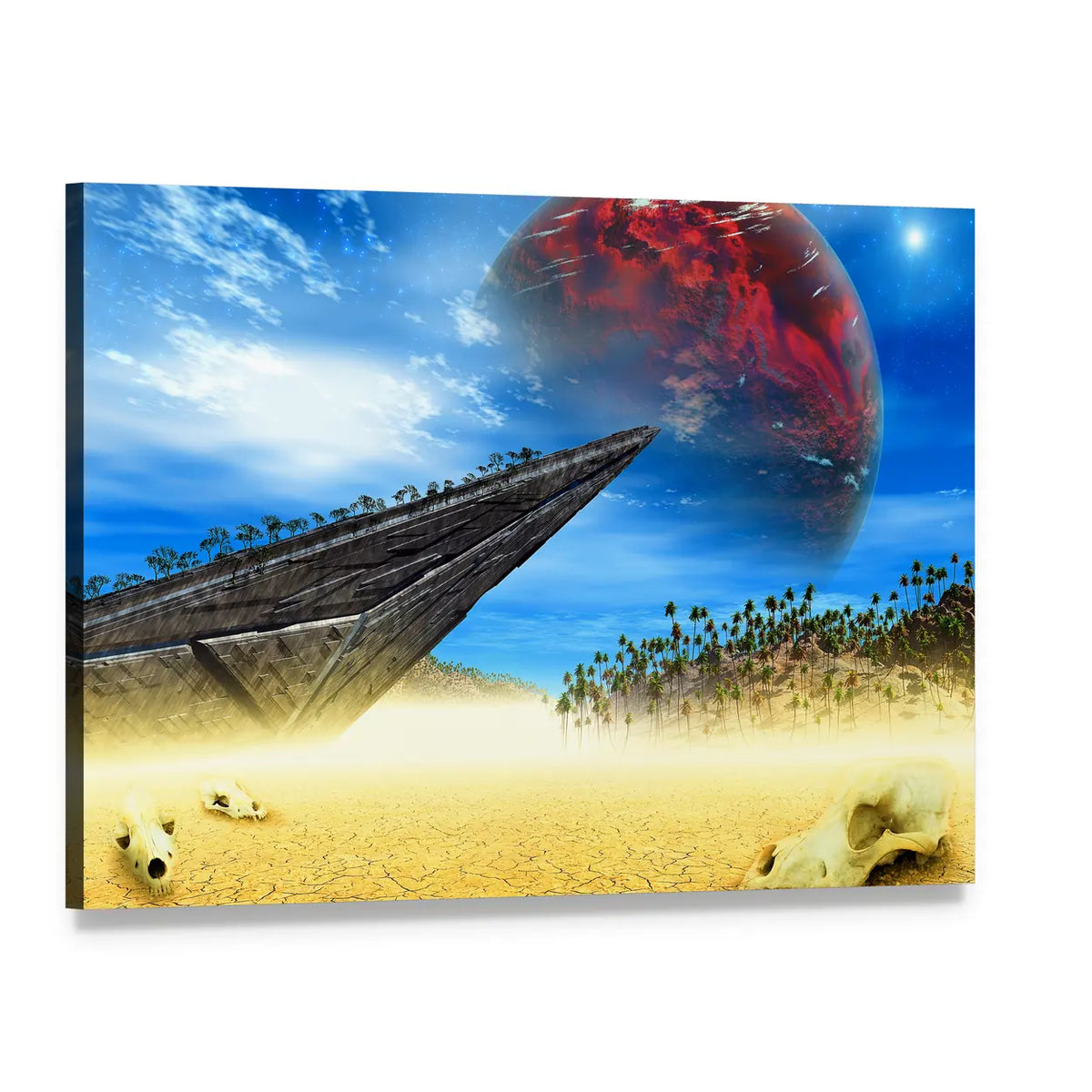 Animal Skulls on Alien Desert Landscape Canvas Wall Art, single panel gallery wrapped canvas, angled product view