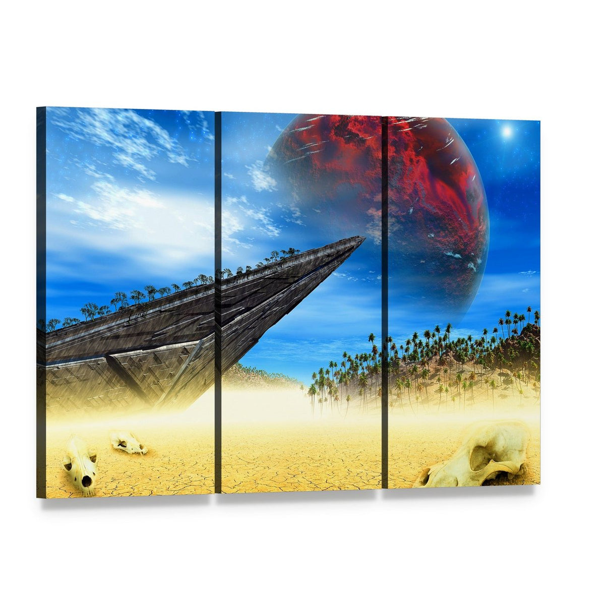 Skulls in an Alien Landscape Canvas Wall Art, 3 panel 3 Horizontal layout gallery wrapped canvas set, angled product view