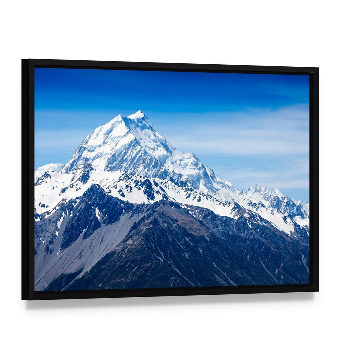 Mountains Peak New Zealand Canvas Wall Art, framed canvas in a black floater frame, angled product view