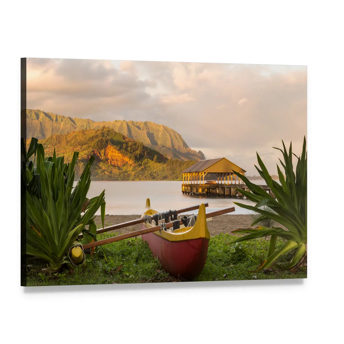 Red and Yellow Hawaiian Outrigger Canoe Canvas Wall Art, single panel gallery wrapped canvas, angled product view