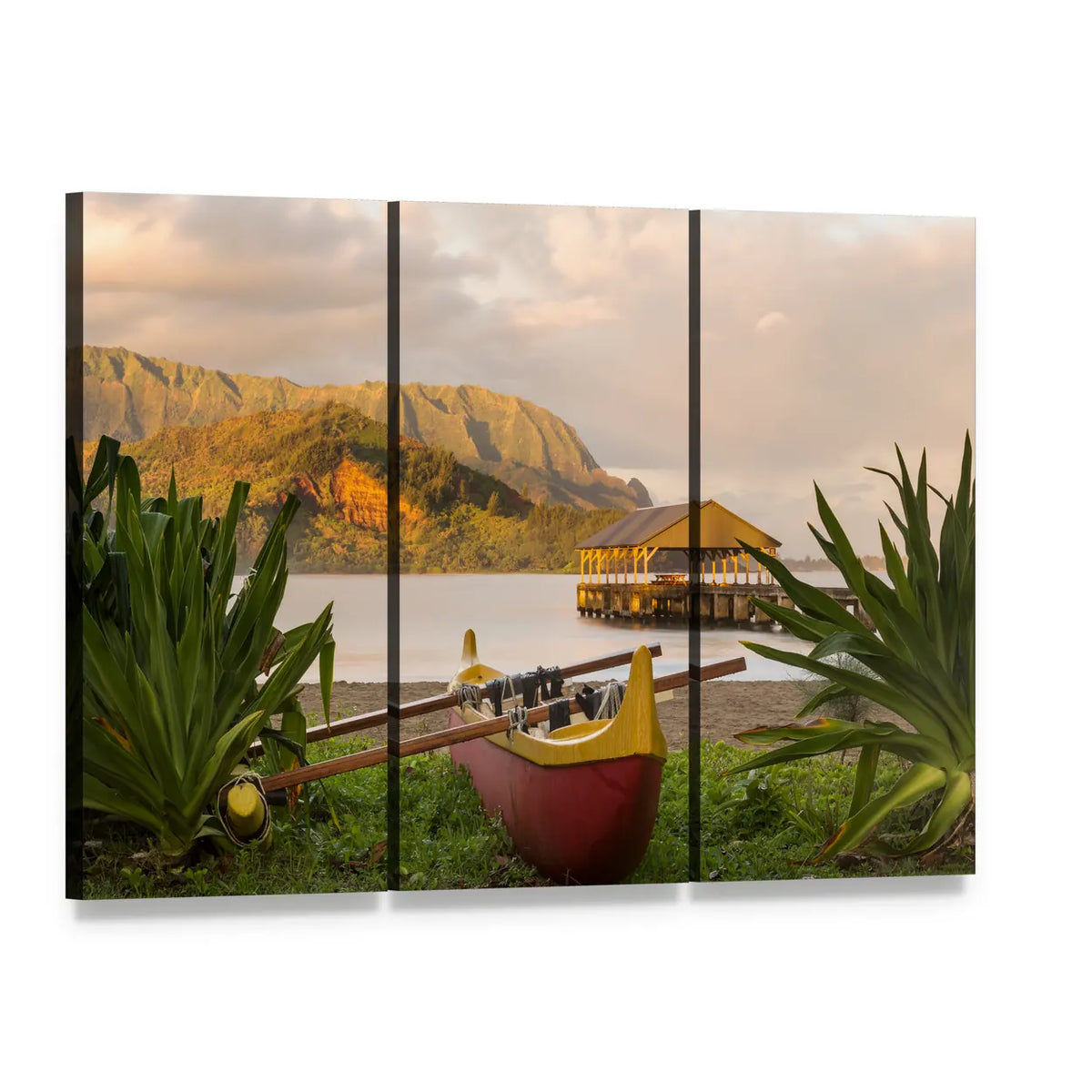 Red and Yellow Hawaiian Outrigger Canoe Canvas Wall Art, 3 panel 3 Horizontal layout gallery wrapped canvas set, angled product view