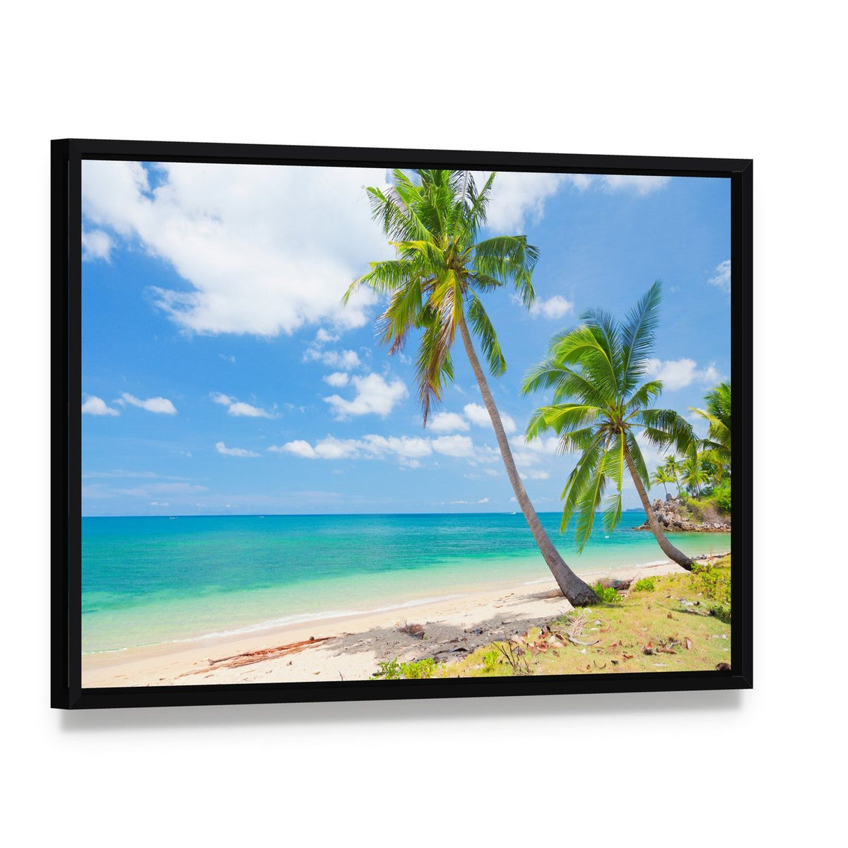 Tropical Beach with Coconut Palm Canvas Wall Art, framed canvas in a black floater frame, angled product view