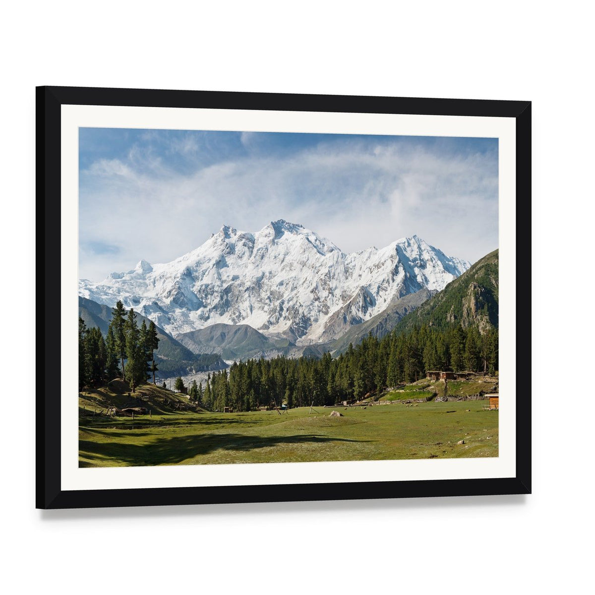 Snow-capped Nanga Parbat Canvas Wall Art, framed print with white mat and black frame, angled product view