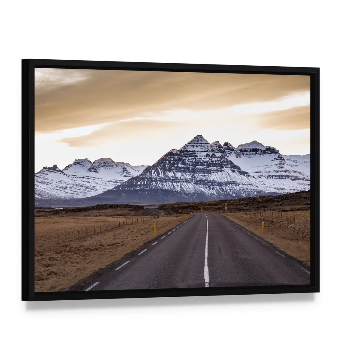 Ring Road At Sunset In East Fjords In Iceland Canvas Wall Art, framed canvas in a black floater frame, angled product view