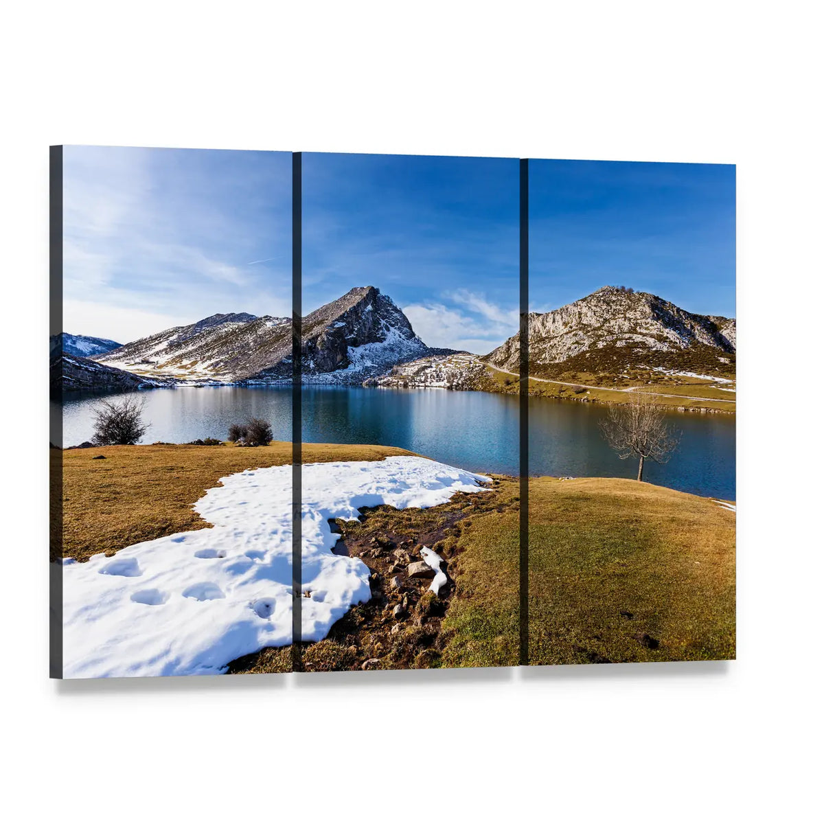 Lake Enol in Winter Canvas Wall Art, 3 panel 3 Horizontal layout gallery wrapped canvas set, angled product view
