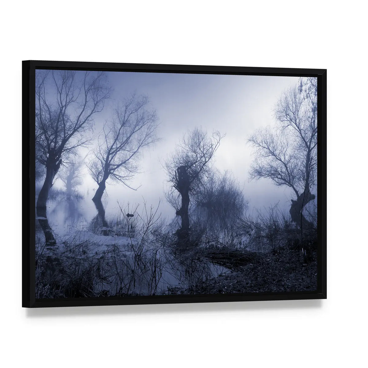 Spooky Dark Forest Canvas Wall Art, framed canvas in a black floater frame, angled product view