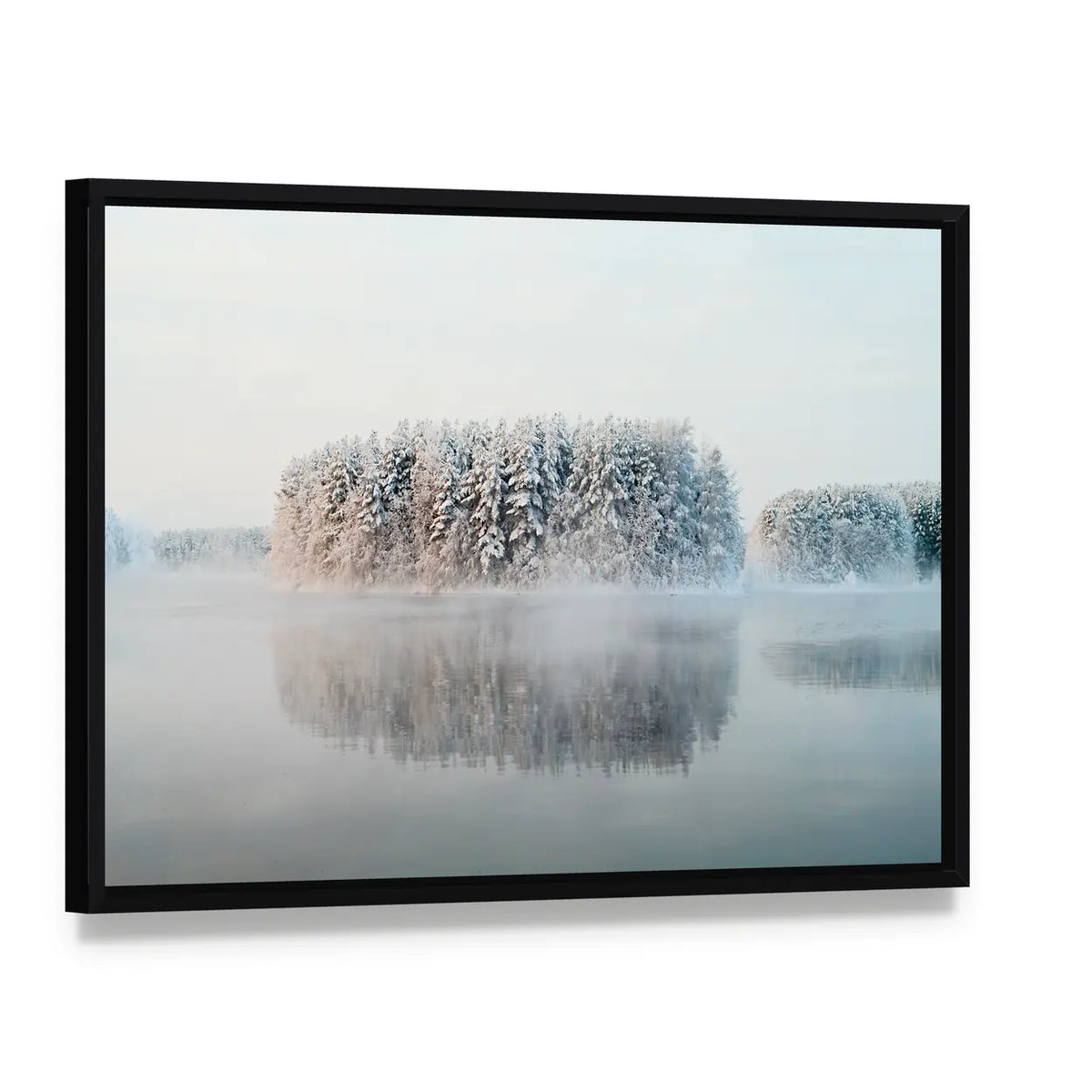 Unfrozen Lake In Winter Forests Of Karelia Russia Canvas Wall Art, framed canvas in a black floater frame, angled product view