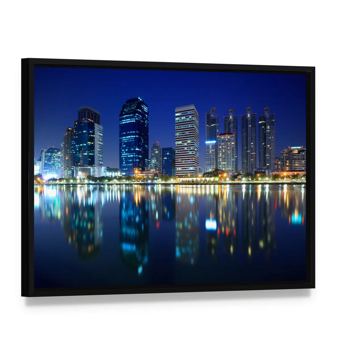 Bangkok City At Night In Thailand Canvas Wall Art, framed canvas in a black floater frame, angled product view
