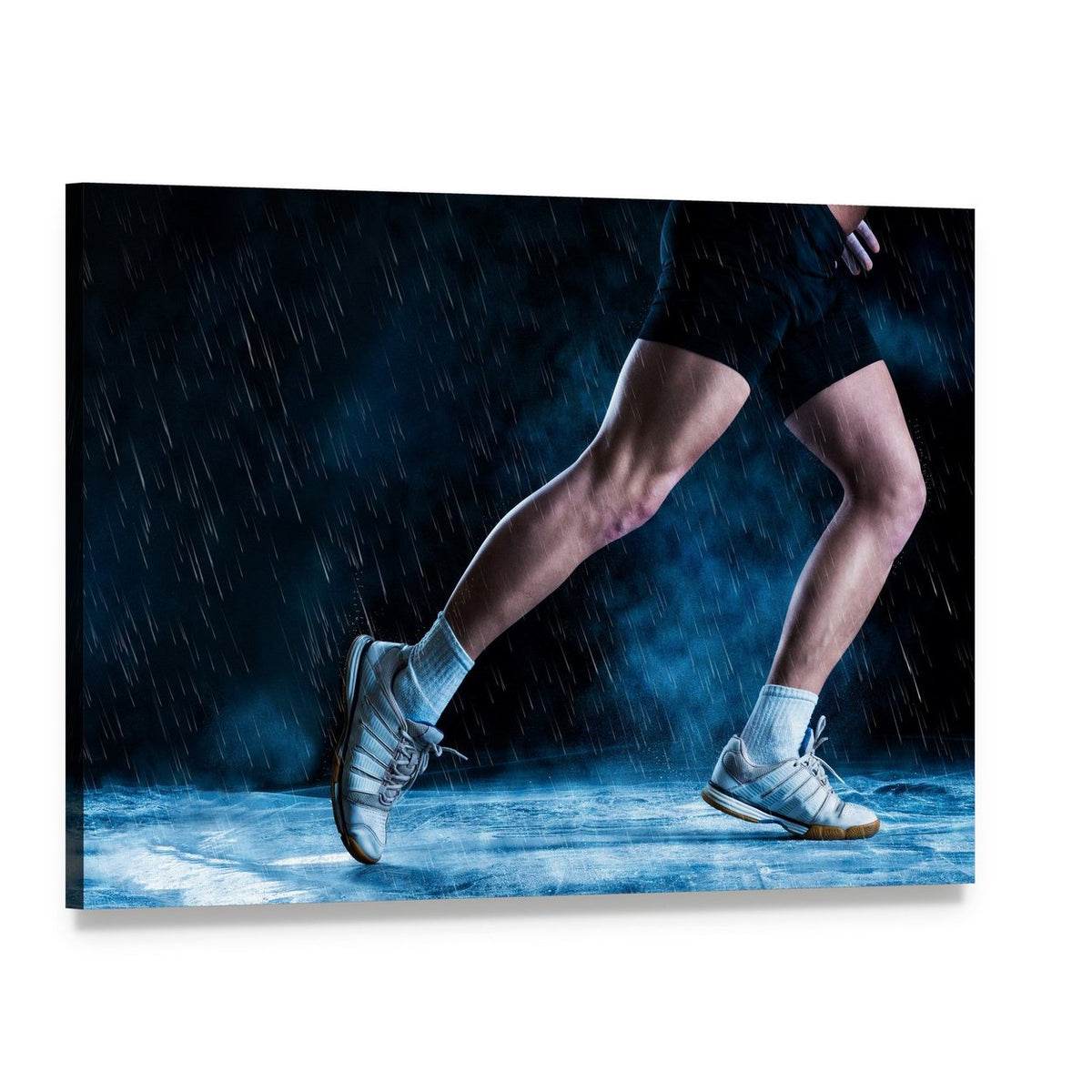 Athletic Feet Running in Rain Canvas Wall Art, single panel gallery wrapped canvas, angled product view