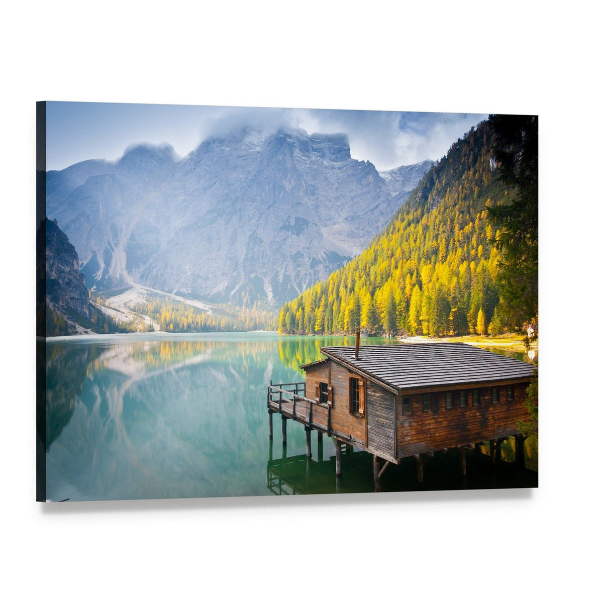 Wooden Boathouse on Mountain Lake Canvas Wall Art, single panel gallery wrapped canvas, angled product view