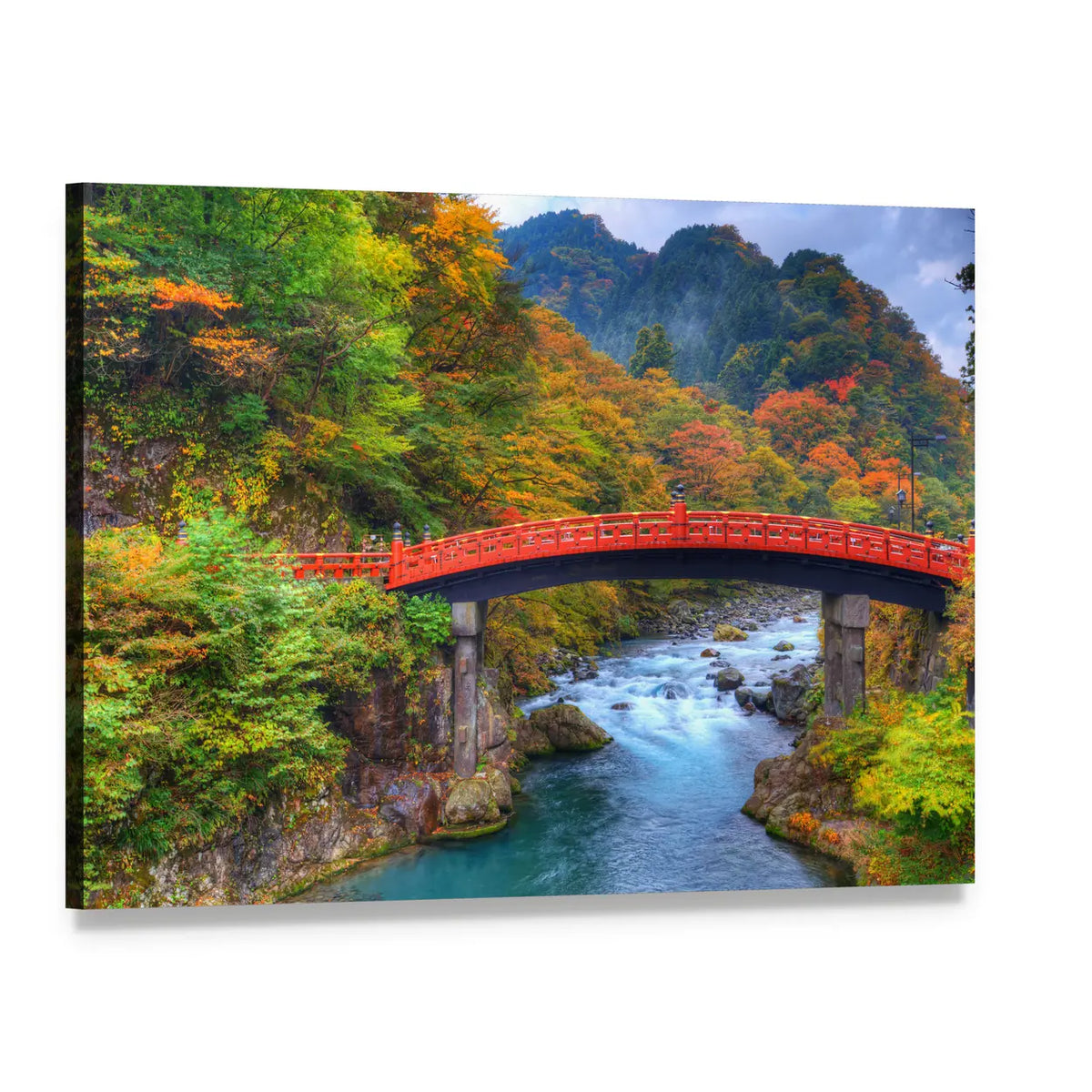 Shinkyo Bridge Over Autumn River Canvas Wall Art, single panel gallery wrapped canvas, angled product view